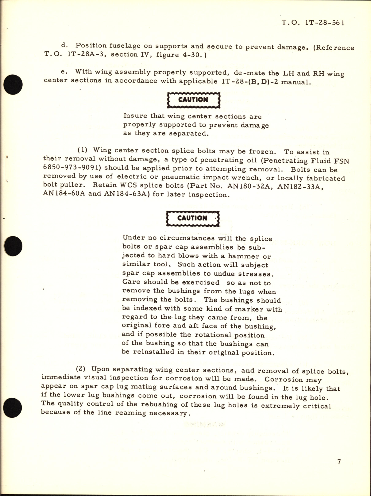 Sample page 7 from AirCorps Library document: Inspection of Upper and Lower, Forward and Aft Spar Cap Assemblies and Splice Bolts, Wings Removed For T-28