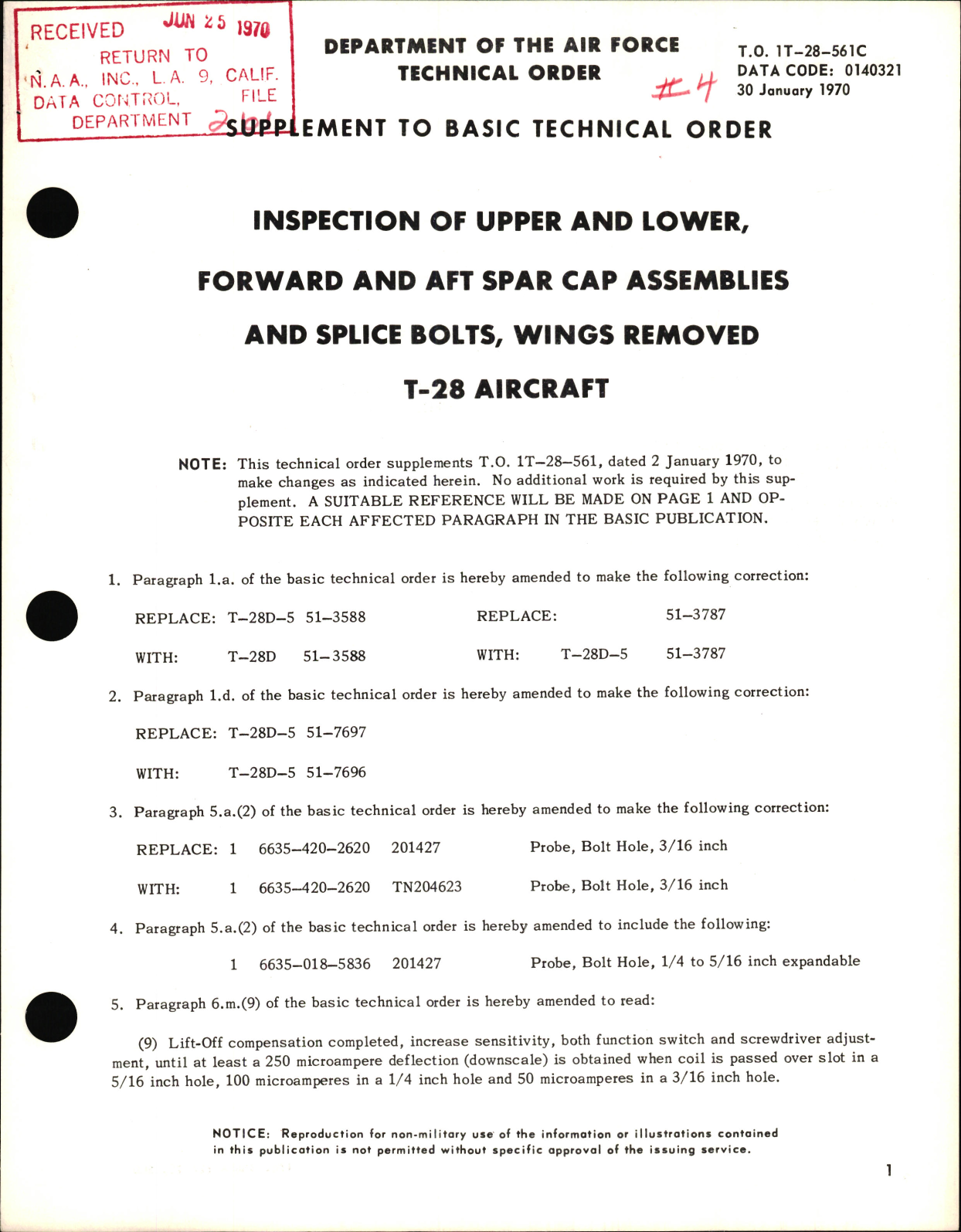 Sample page 1 from AirCorps Library document: Inspection of Upper and Lower, Forward and Aft Spar Cap Assemblies and Splice Bolts, Wings Removed For T-28