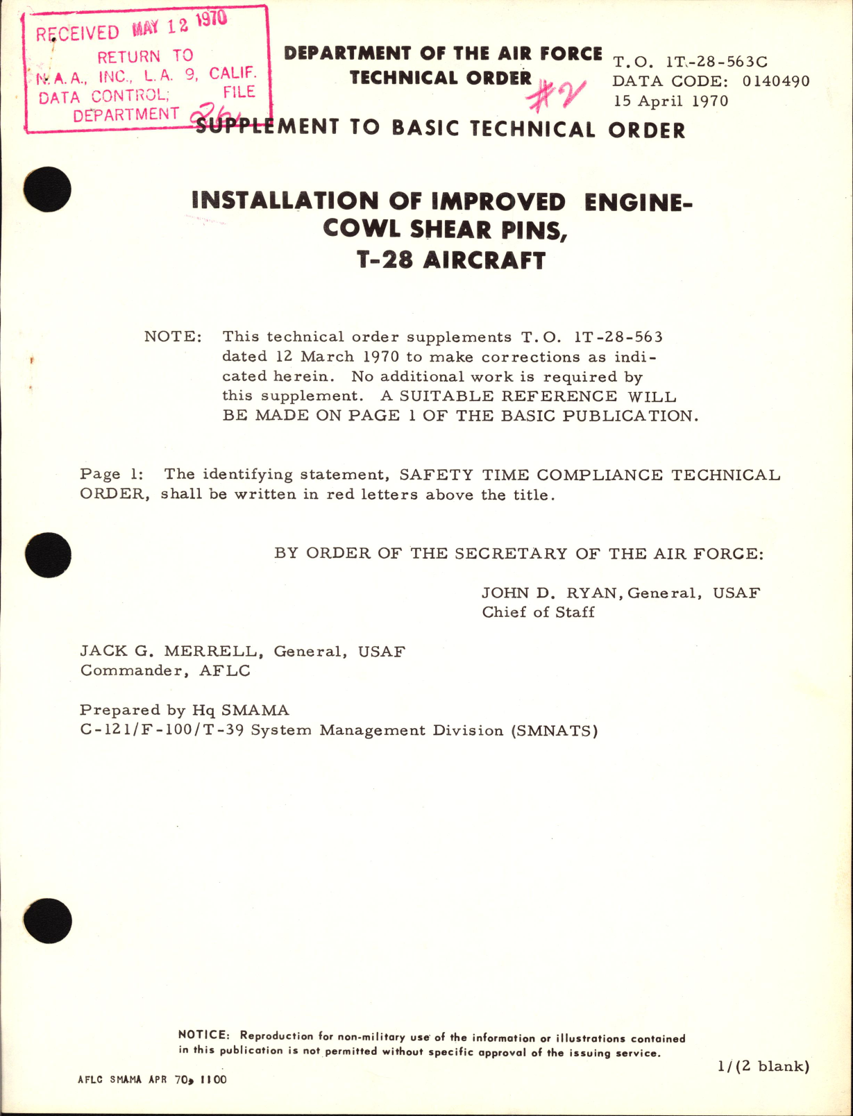 Sample page 1 from AirCorps Library document: Installation of Improved Engine-Cowl Shear Pins For T-28