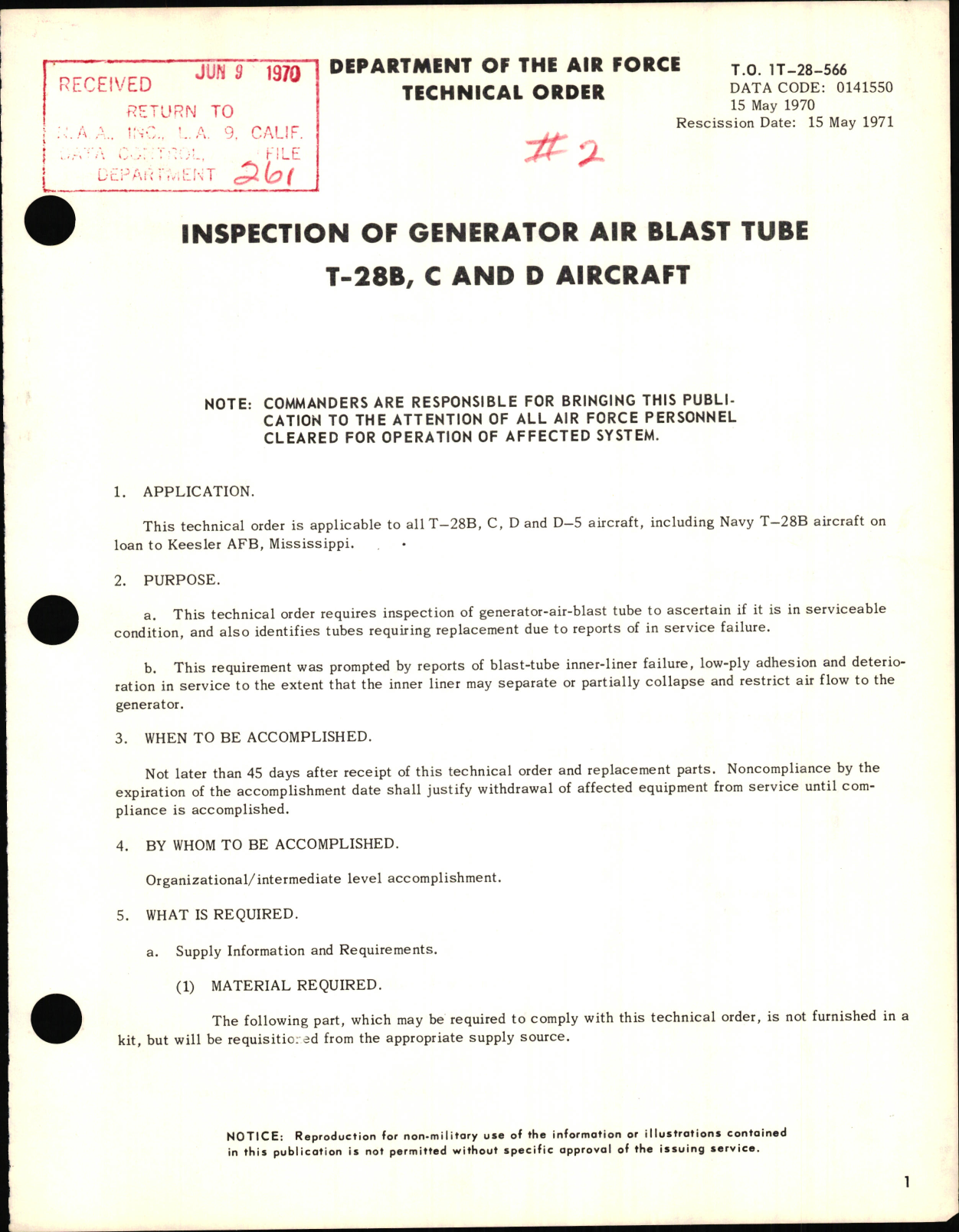 Sample page 1 from AirCorps Library document: Inspection of Generator Air Blast Tube For T-28B, C and D