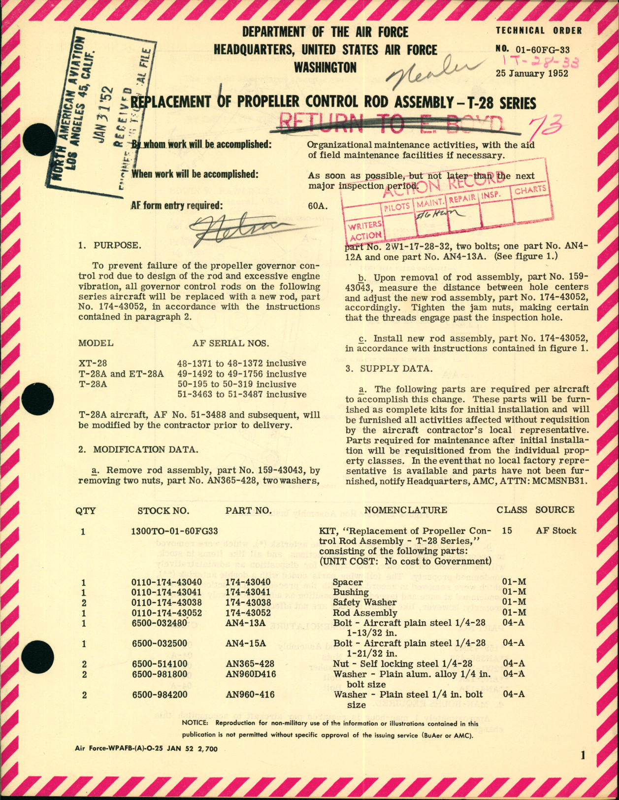 Sample page 1 from AirCorps Library document: Replacement of Propeller Control Rod Assembly For T-28 Series