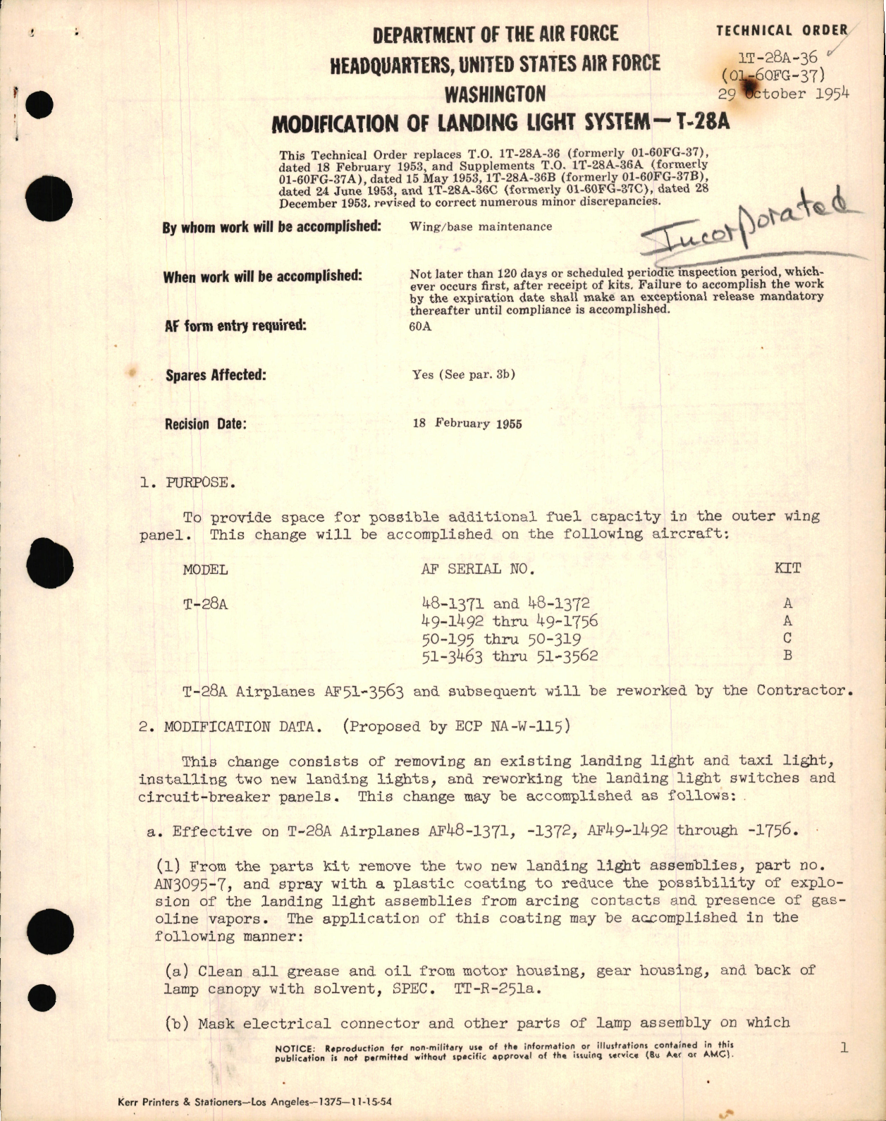 Sample page 1 from AirCorps Library document: Modification of Landing Light System For T-28A