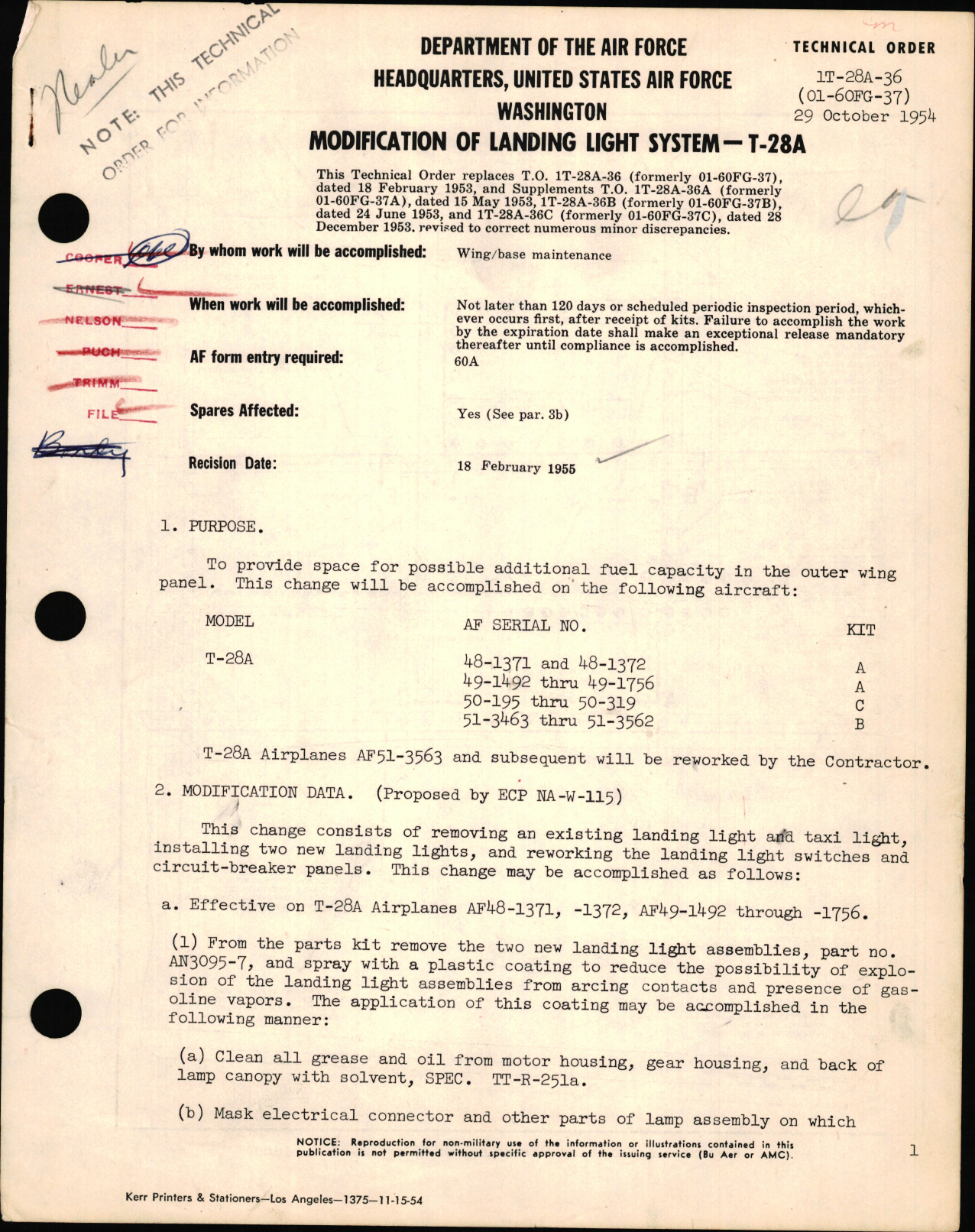 Sample page 1 from AirCorps Library document: Modification of Landing Light System For T-28A