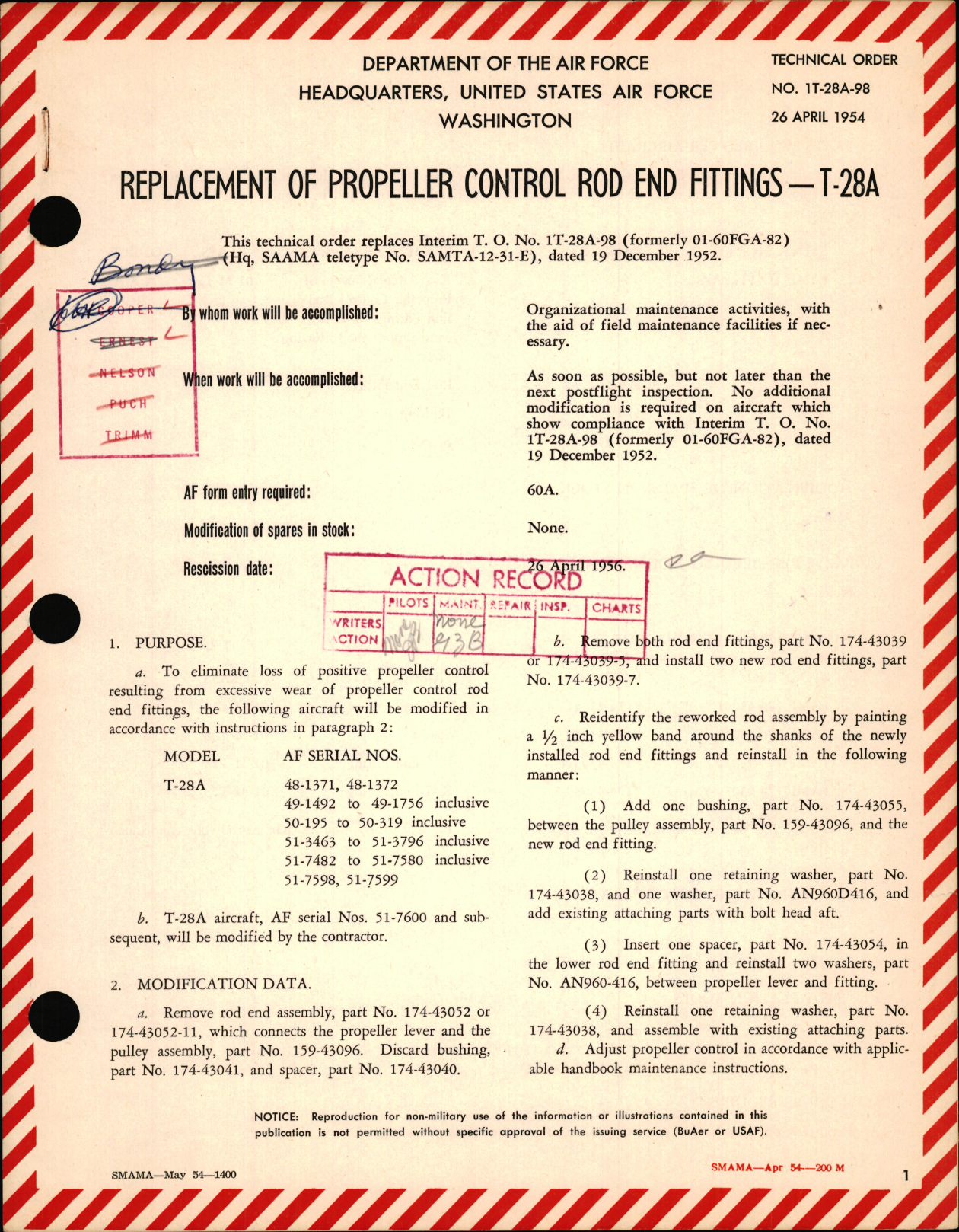 Sample page 1 from AirCorps Library document: Replacement of Propeller Control Rod End Fittings For T-28A