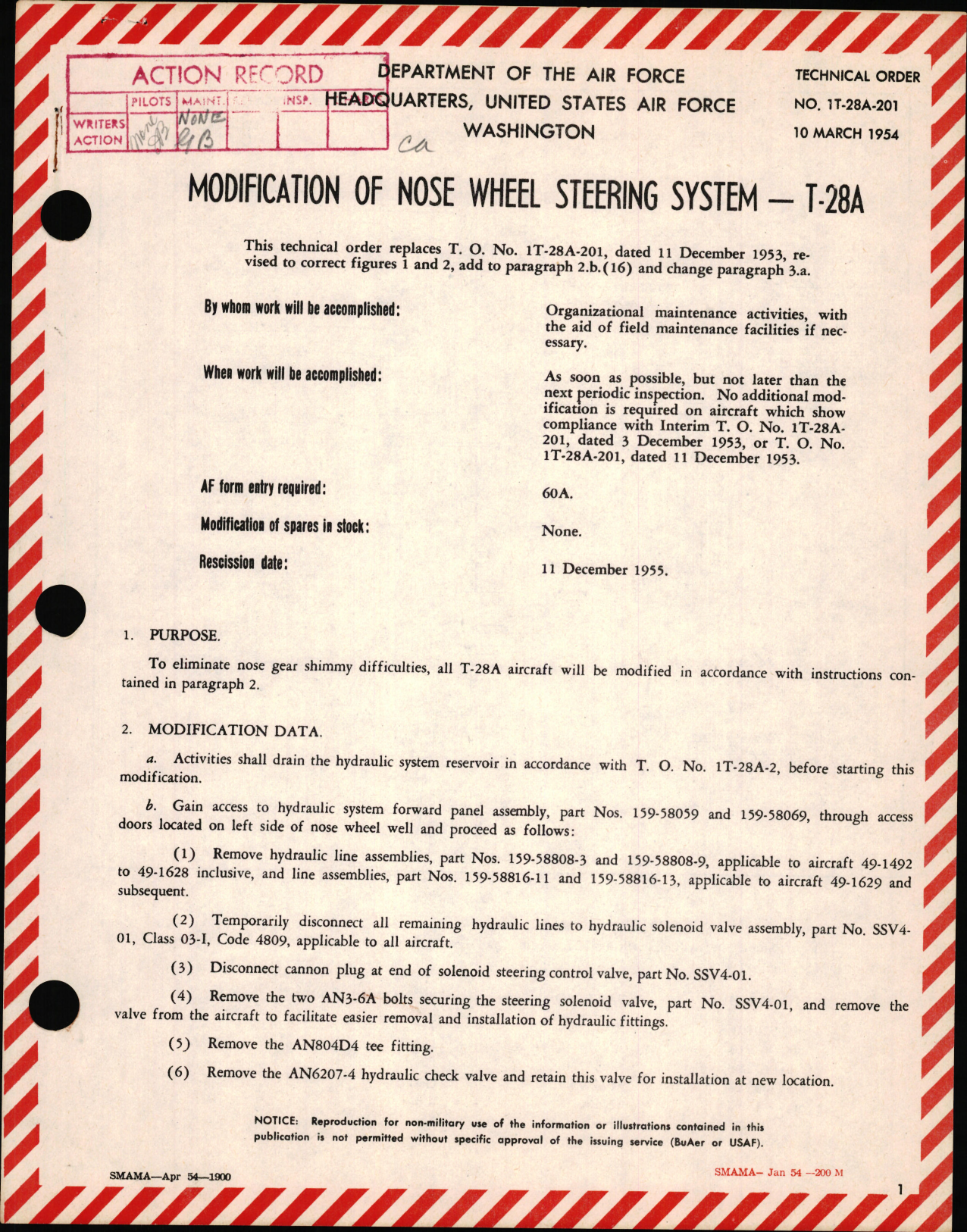 Sample page 1 from AirCorps Library document: Modification of Nose Wheel Steering System For T-28A
