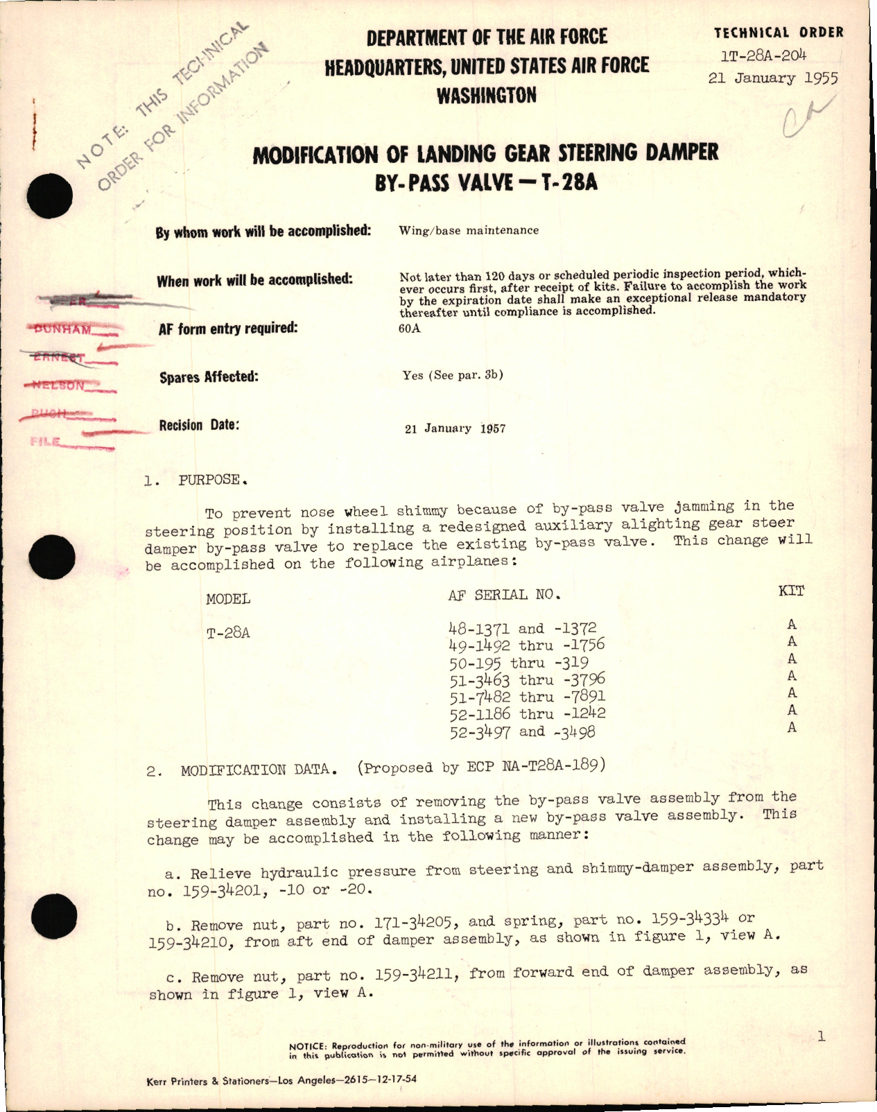 Sample page 1 from AirCorps Library document: Modification of Landing Gear Steering Damper By-Pass Valve For T-28A