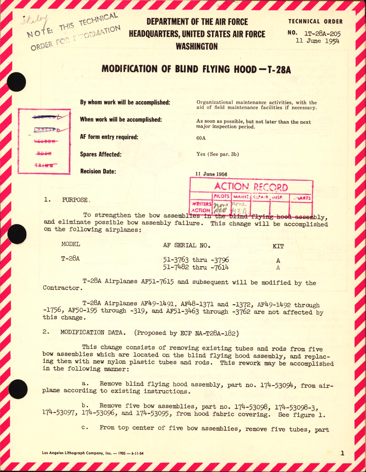 Sample page 1 from AirCorps Library document: Modification of Blind Flying Hood For T-28A
