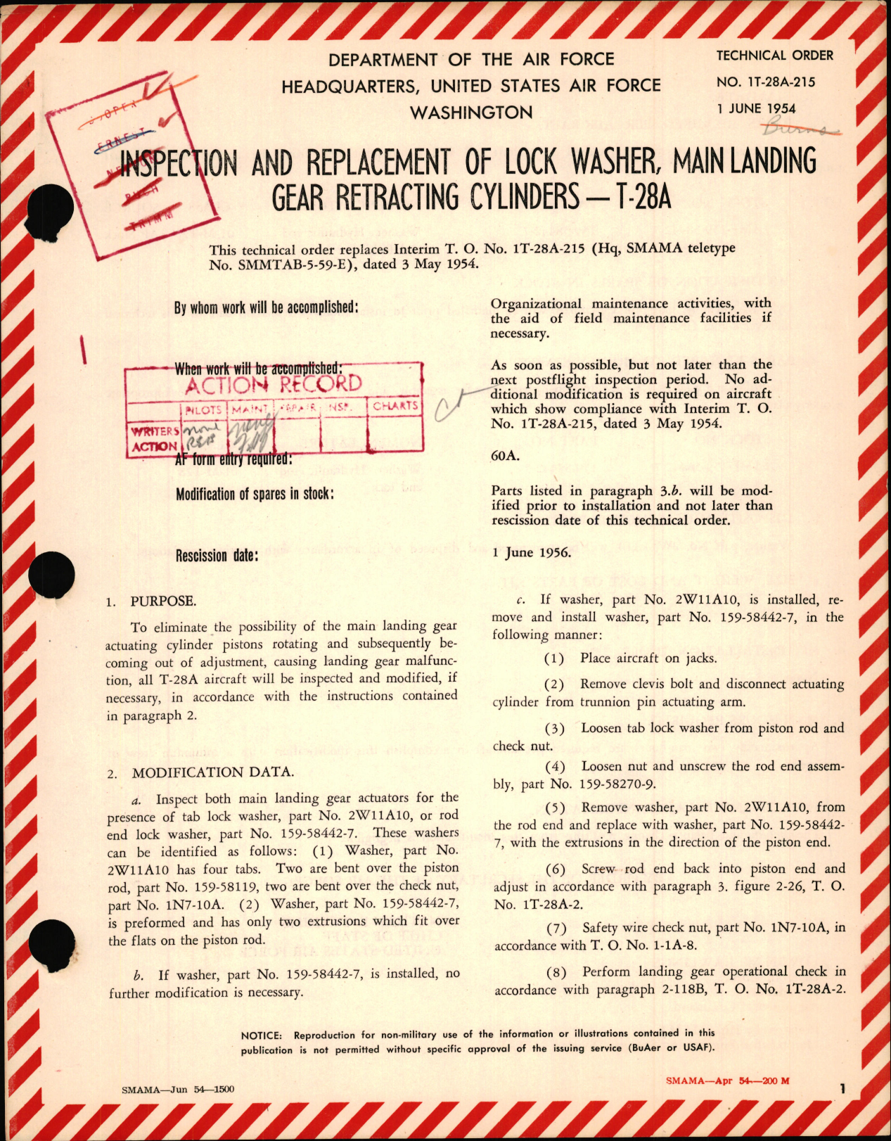 Sample page 1 from AirCorps Library document: Inspection and Replacement of Lock Washer, Main Landing Gear Retracting Cylinders For T-28A
