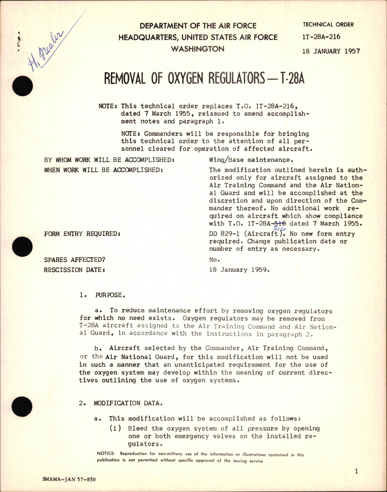 Sample page 1 from AirCorps Library document: Removal of Oxygen Regulators For T-28A