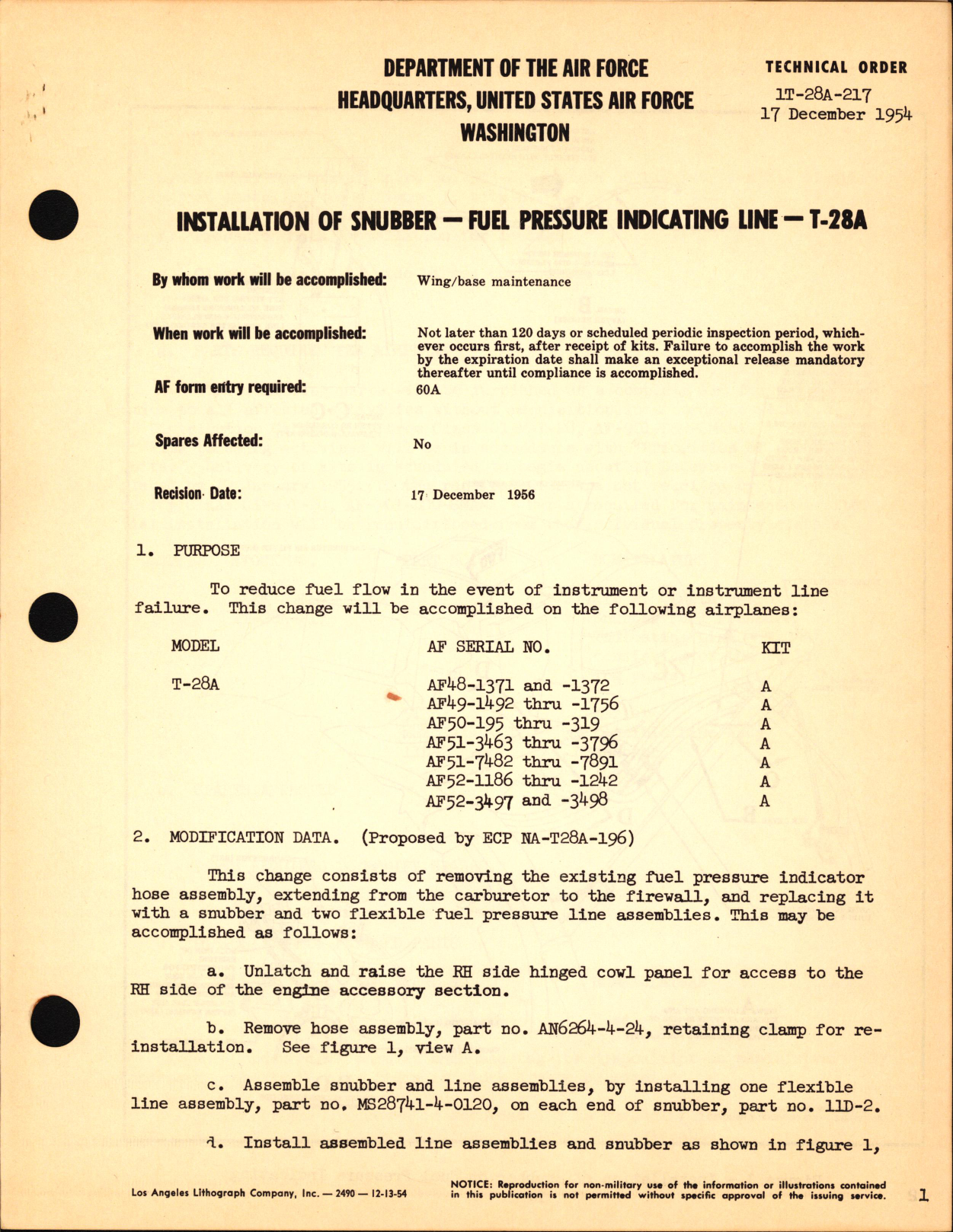 Sample page 1 from AirCorps Library document: Installation of Snubber For Fuel Pressure Indicating Line For T-28A