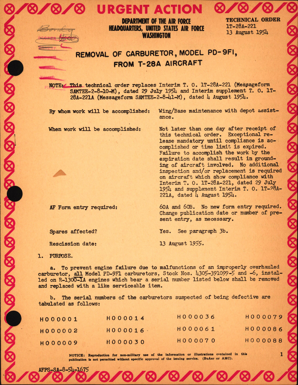 Sample page 1 from AirCorps Library document: Removal of Carburetor, Model PD-9F1, from T-28A