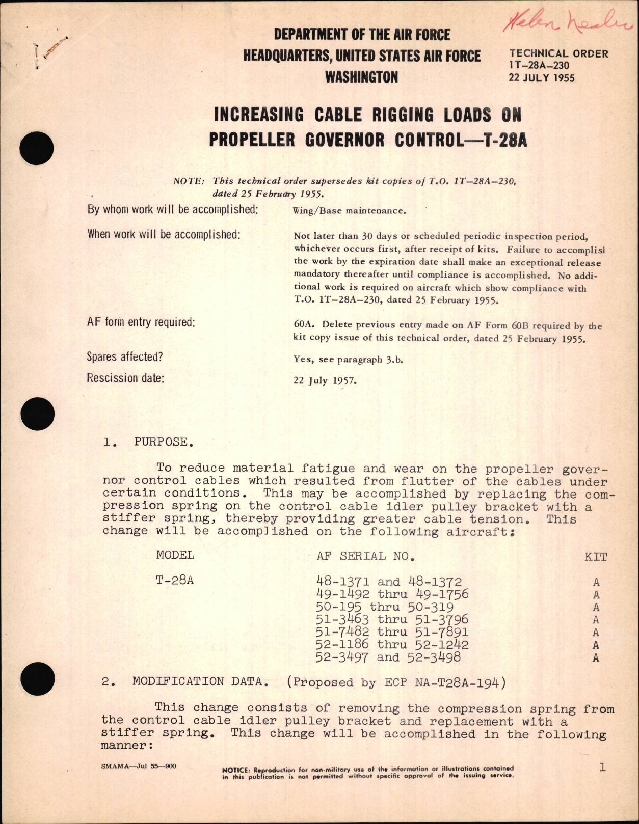 Sample page 1 from AirCorps Library document: Increasing Cable Rigging Loads on Propeller Governor Control For T-28A