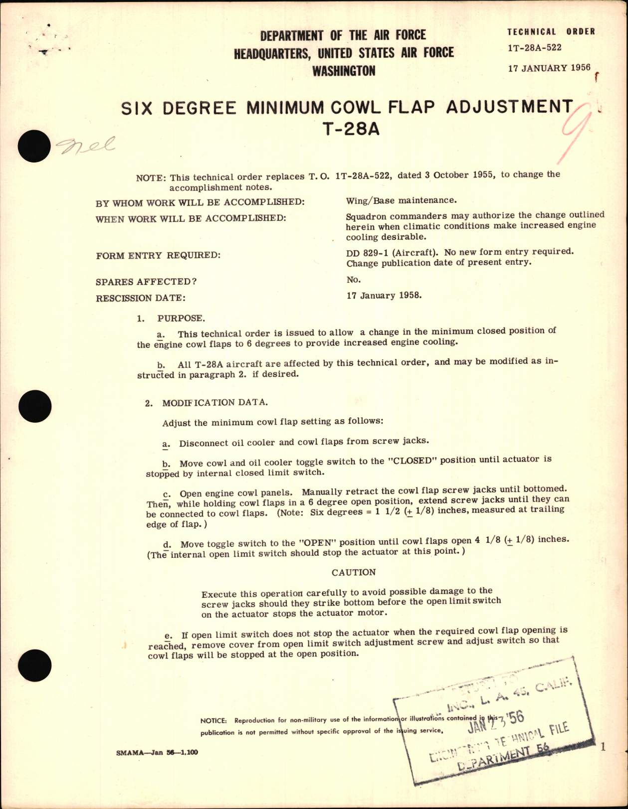 Sample page 1 from AirCorps Library document: Six Degree Minimum Cowl Flap Adjustment For T-28A