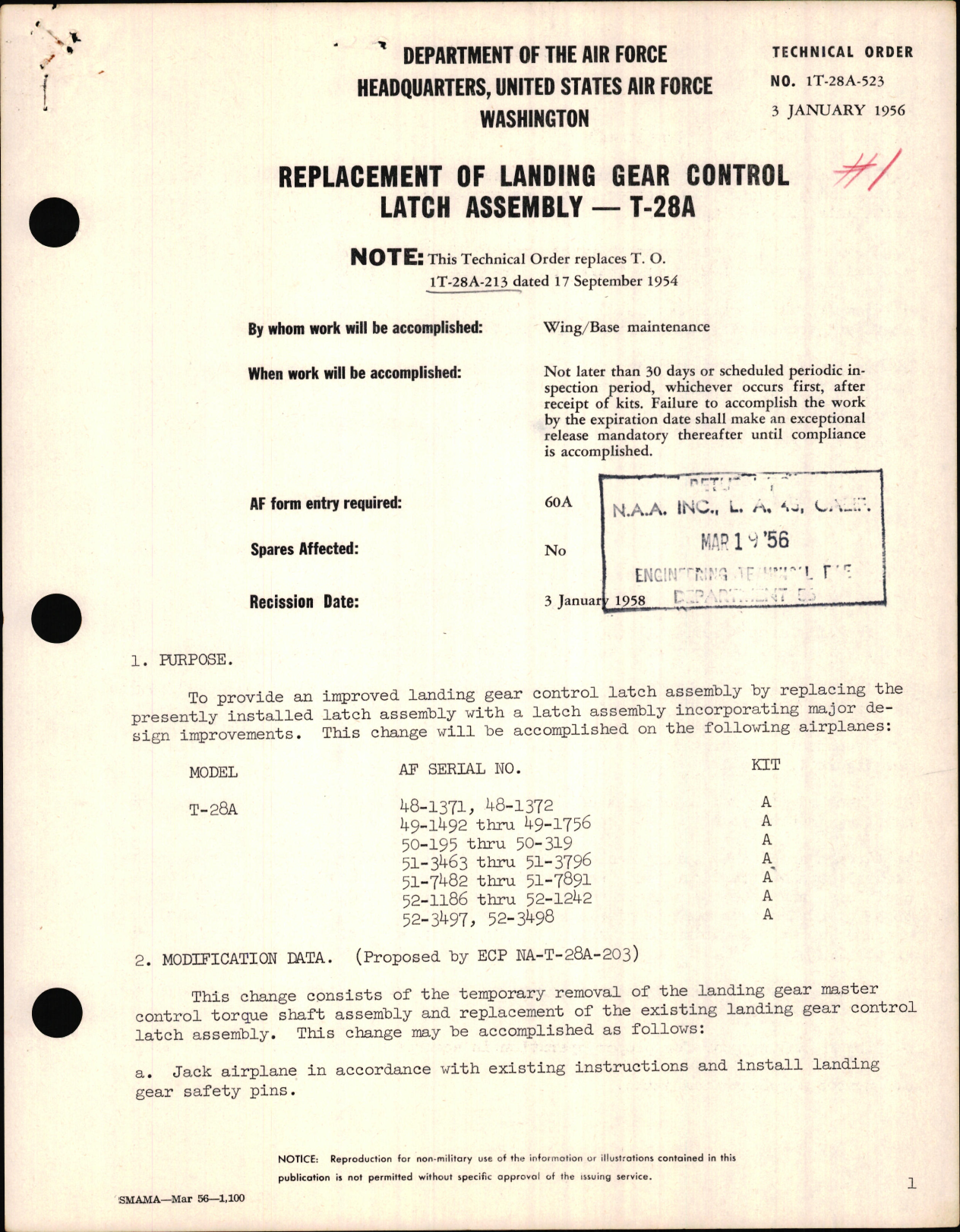 Sample page 1 from AirCorps Library document: Replacing of Landing Gear Control Latch Assembly For T-28A