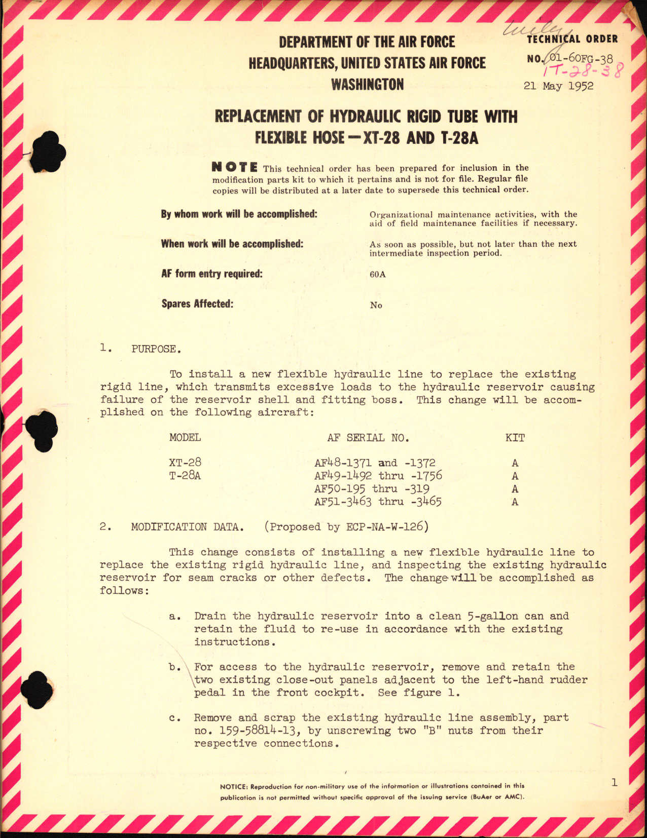 Sample page 1 from AirCorps Library document:  Replacement of Hydraulic Rigid Tube with Flexible Hose For XT-28 and T-28A
