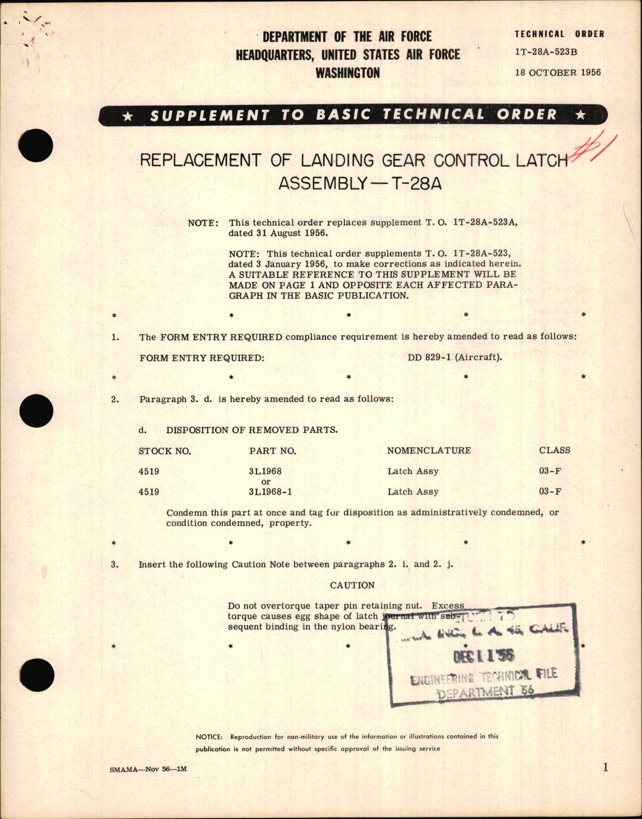 Sample page 1 from AirCorps Library document: Replacing of Landing Gear Control Latch Assembly For T-28A