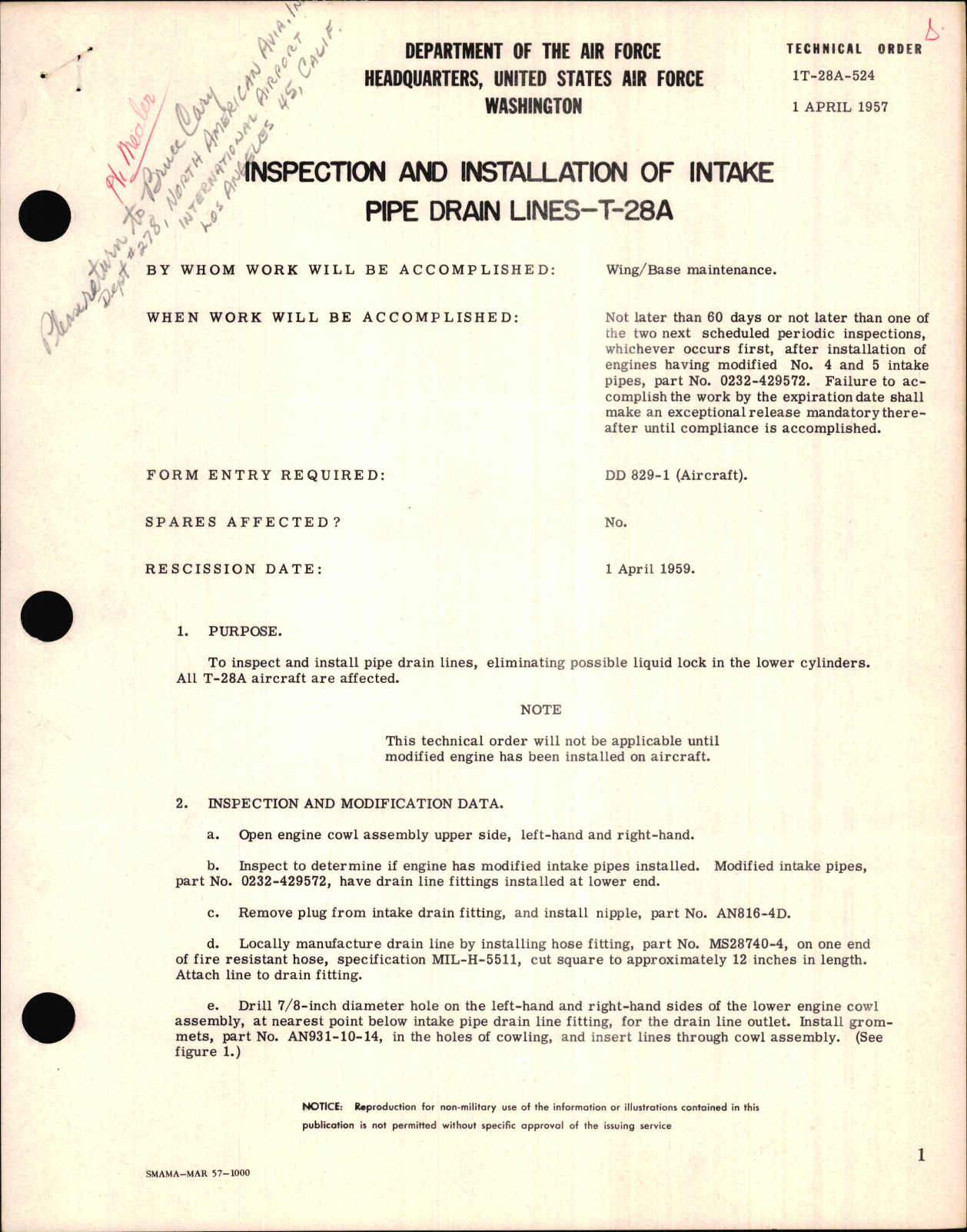 Sample page 1 from AirCorps Library document: Inspection and Installation of Intake Pipe Drain Lines For T-28A