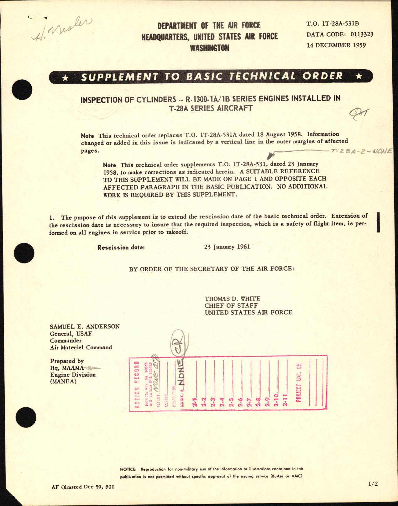 Sample page 1 from AirCorps Library document: Inspection of Cylinders For R-1300-1A and -1B Series Engines Installed in T-28A Series