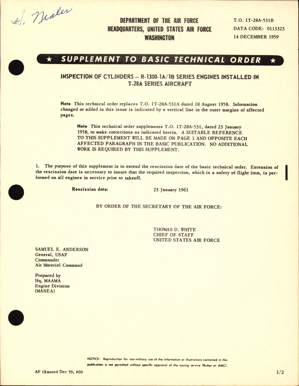Sample page 1 from AirCorps Library document: Inspection of Cylinders For R-1300-1A and -1B Series Engines Installed in T-28A