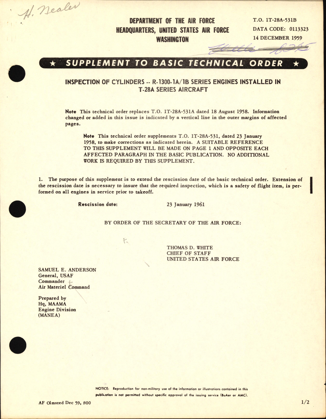 Sample page 1 from AirCorps Library document: Inspection of Cylinders For R-1300-1A and -1B Series Engines Installed in T-28A Series