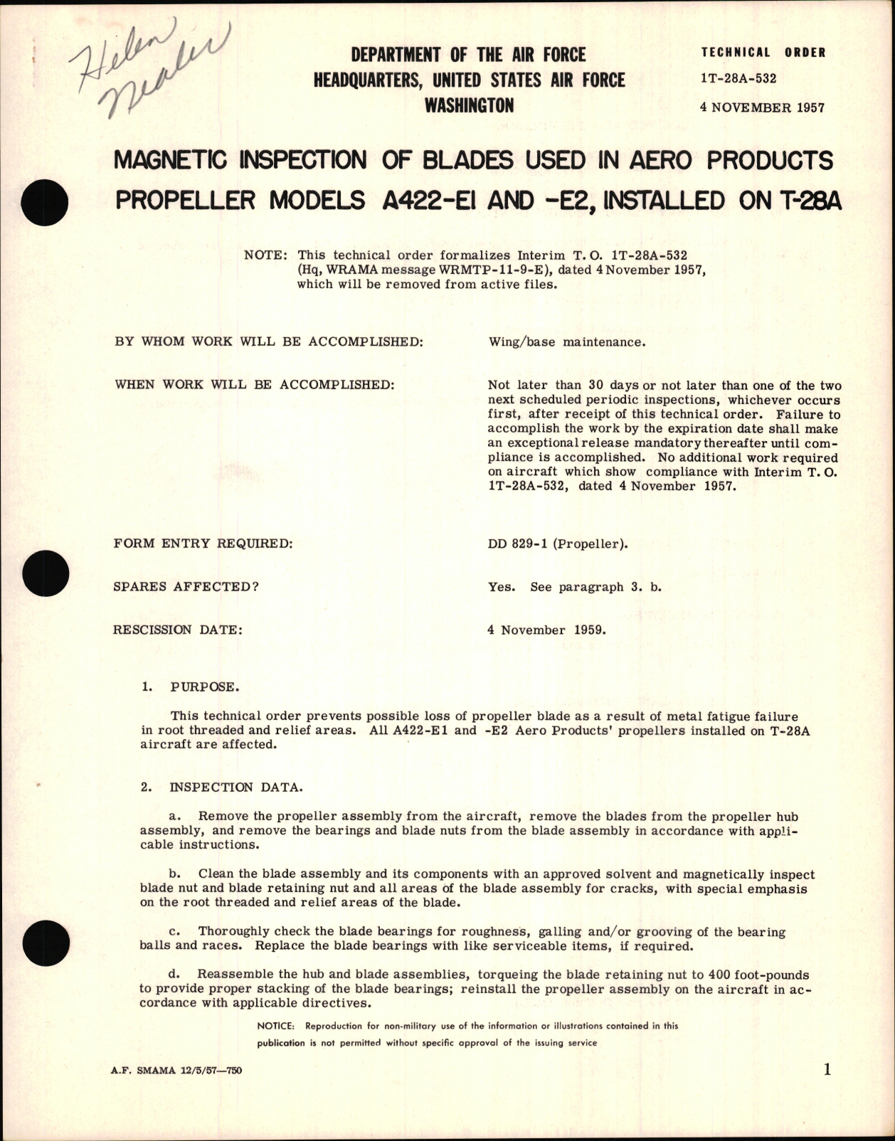 Sample page 1 from AirCorps Library document: Magnetic Inspection of Blades Used in Aero Products Propeller Models A422-E1 and -E2, Installed on T-28A