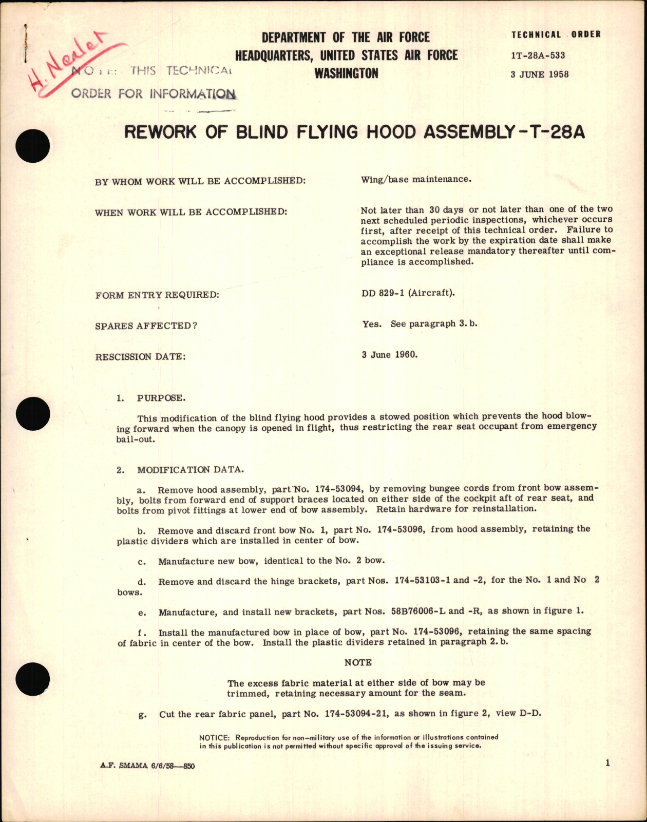 Sample page 1 from AirCorps Library document: Rework of Blind Flying Hood Assembly For T-28A
