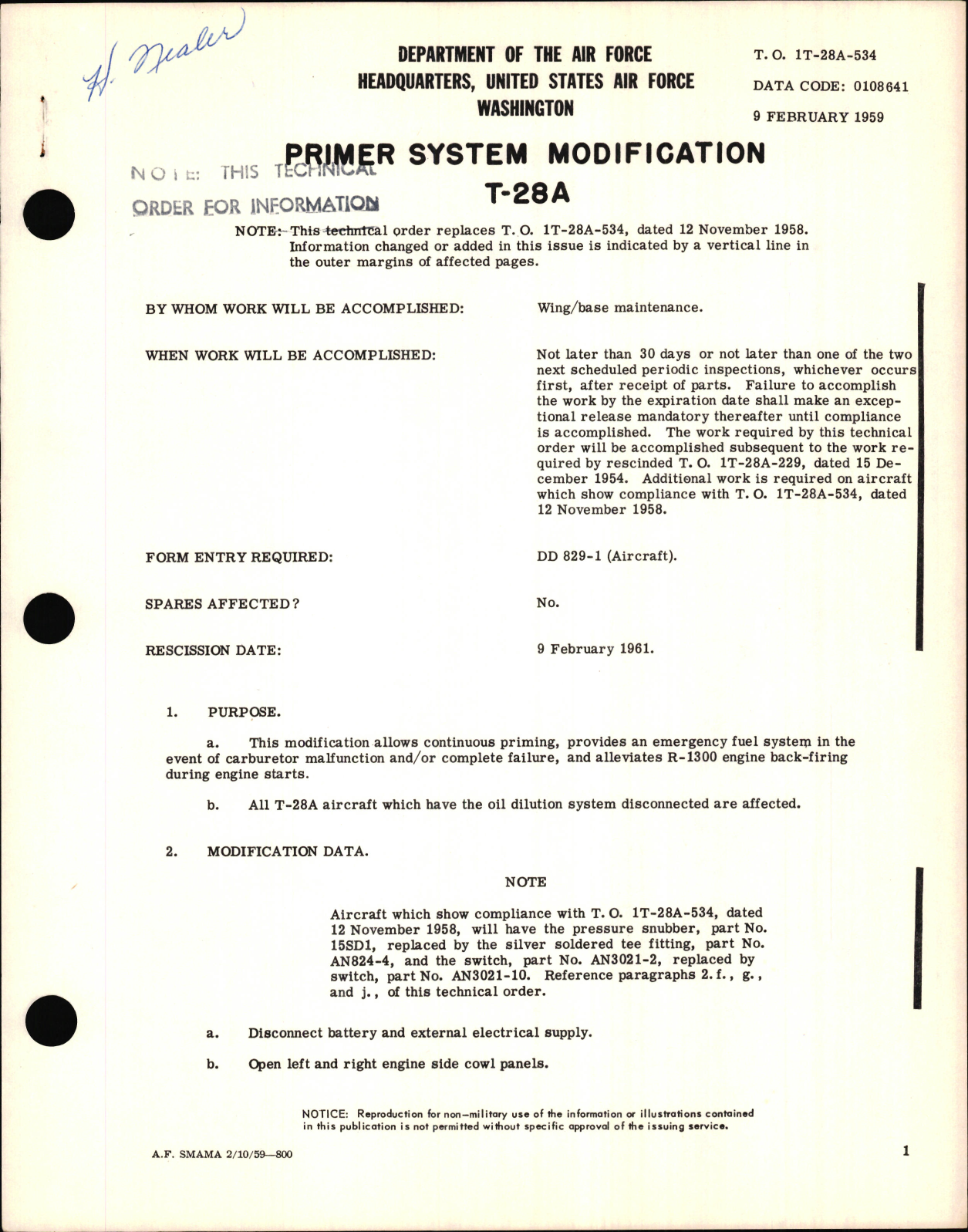 Sample page 1 from AirCorps Library document: Primer System Modification For T-28A