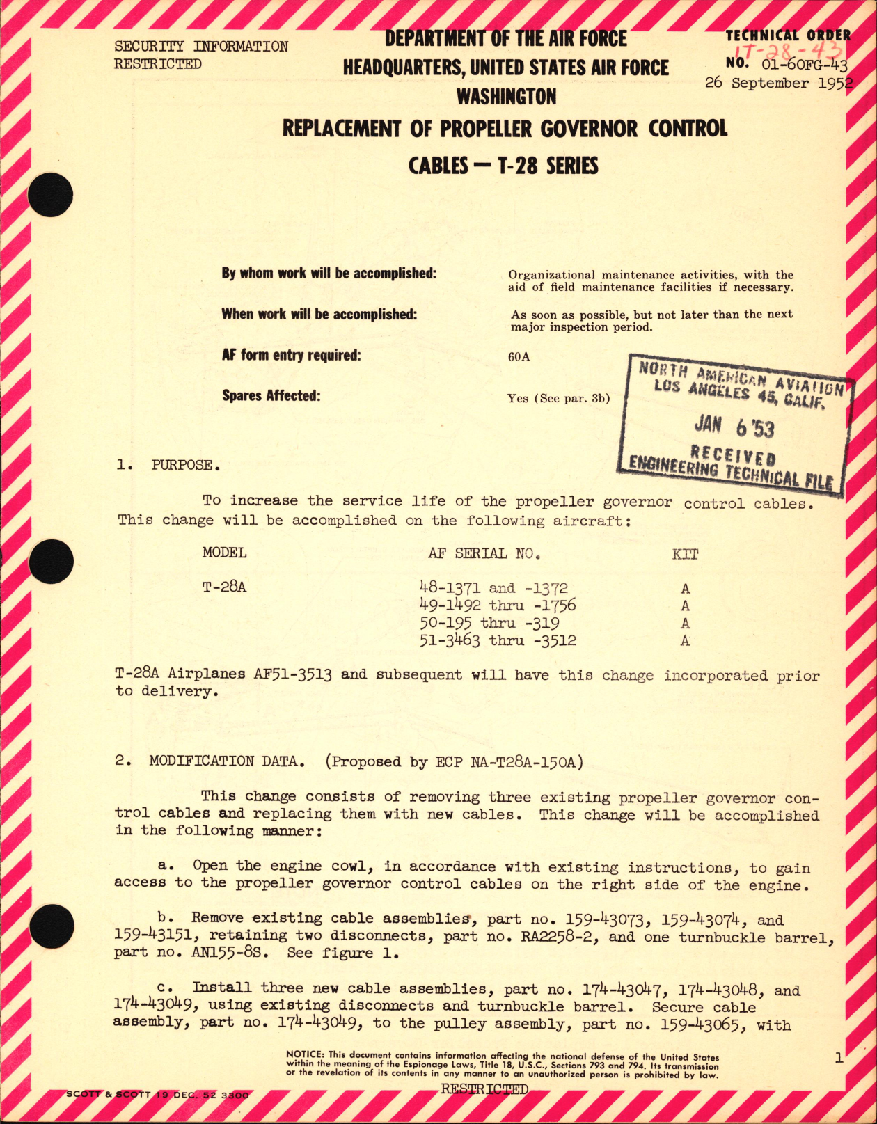 Sample page 1 from AirCorps Library document: Replacement of Propeller Governor Control Cables For T-28 Series