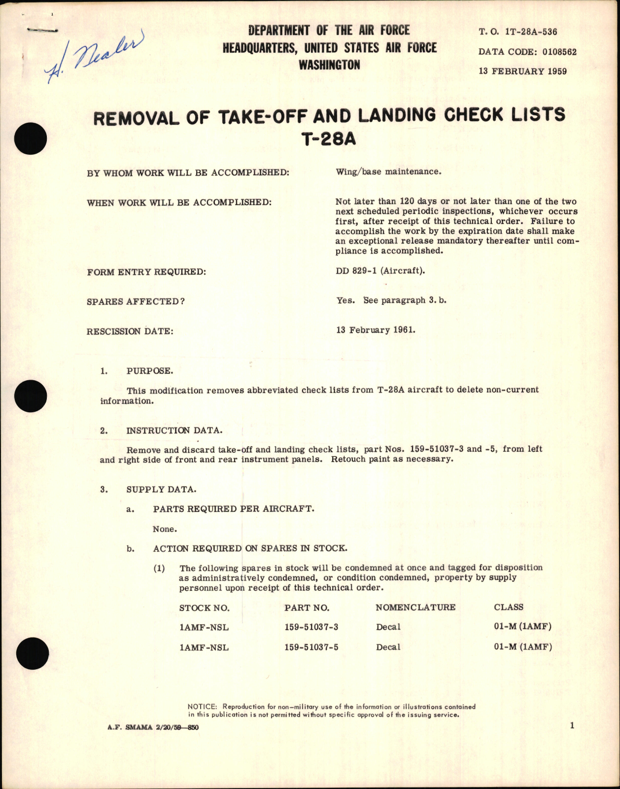 Sample page 1 from AirCorps Library document: Removal of Take-Off and Landing Check Lists For T-28A