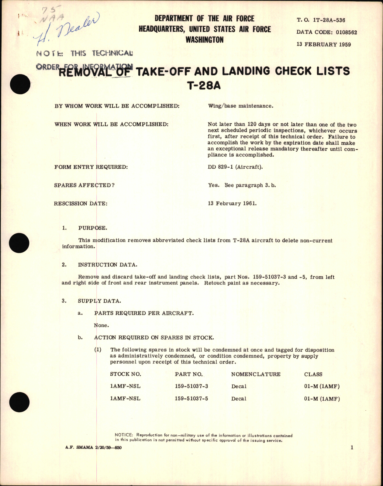 Sample page 1 from AirCorps Library document: Removal of Take-Off and Landing Check Lists For T-28A