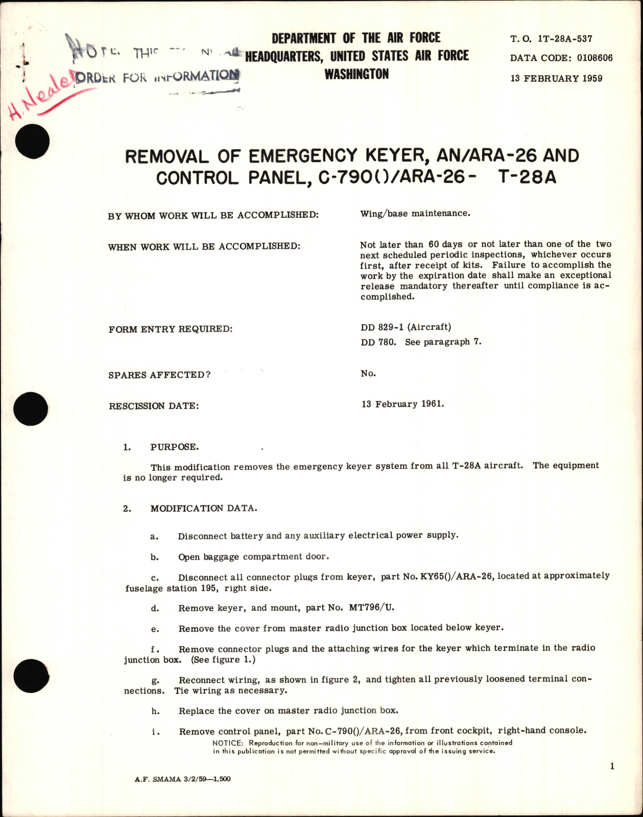 Sample page 1 from AirCorps Library document: Removal of Emergency Keyer, AN-ARA-26 and Control Panel, C-790()-ARA-26 For T-28A