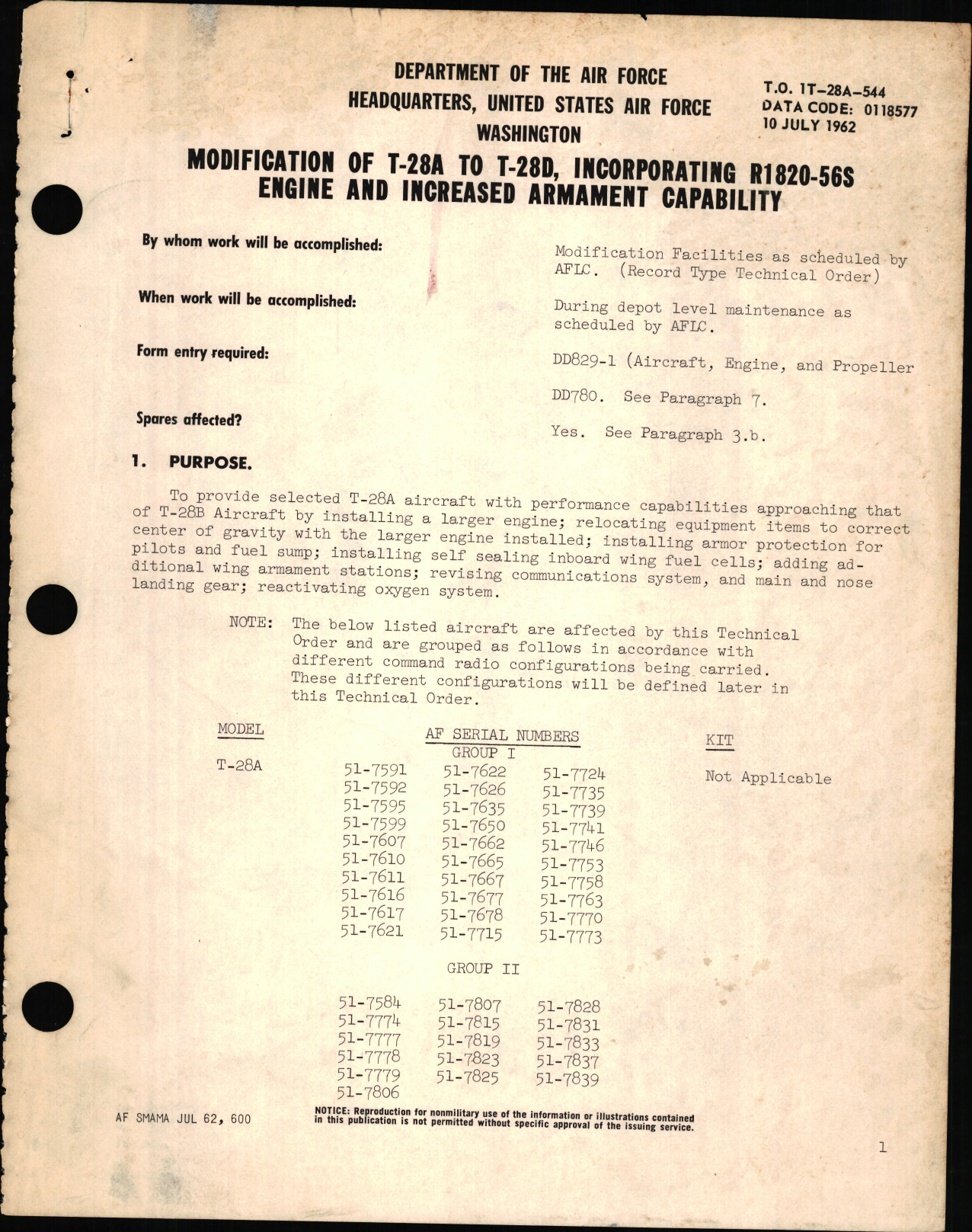 Sample page 1 from AirCorps Library document: Modification of T-28A to T-28D, Incorporating R1820-56S Engine and Increased Armament Capability