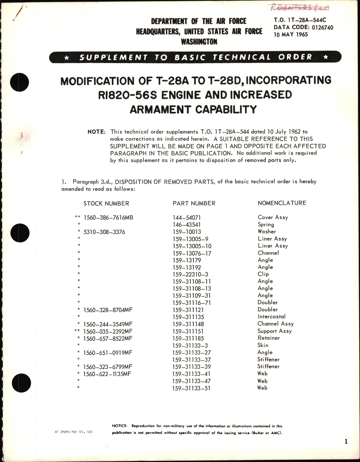Sample page 1 from AirCorps Library document: Modification of T-28A to T-28D, Incorporating R1820-56S and Increased Armament Capability