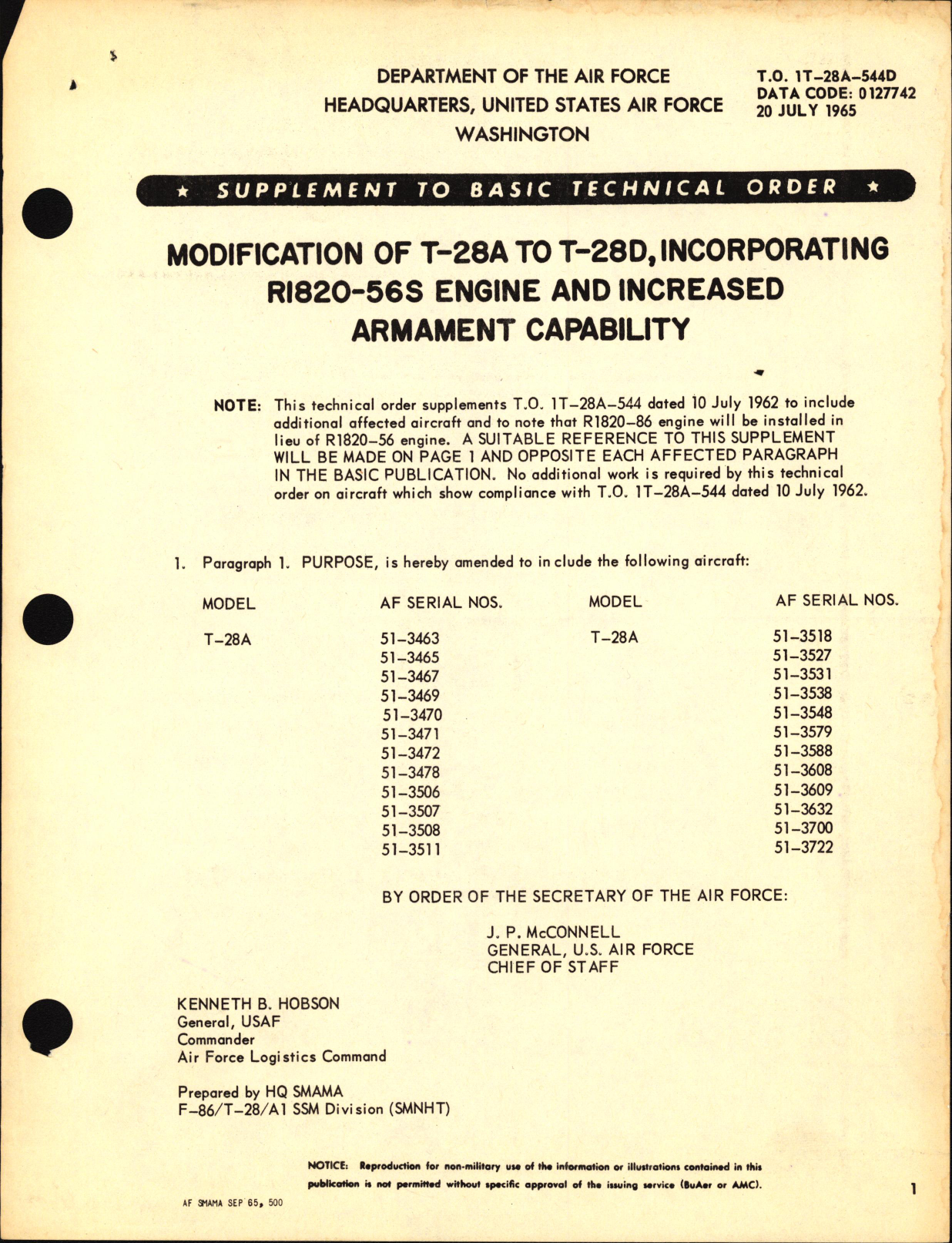 Sample page 1 from AirCorps Library document: Modification of T-28A to T-28D, Incorporating R1820-56S Engine and Increased Armament Capability