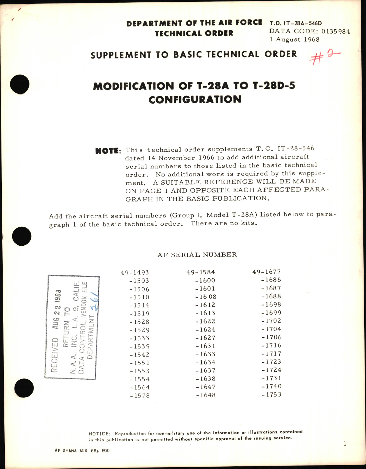 Sample page 1 from AirCorps Library document: Modification of T-28A to T-28D-5 Configuration