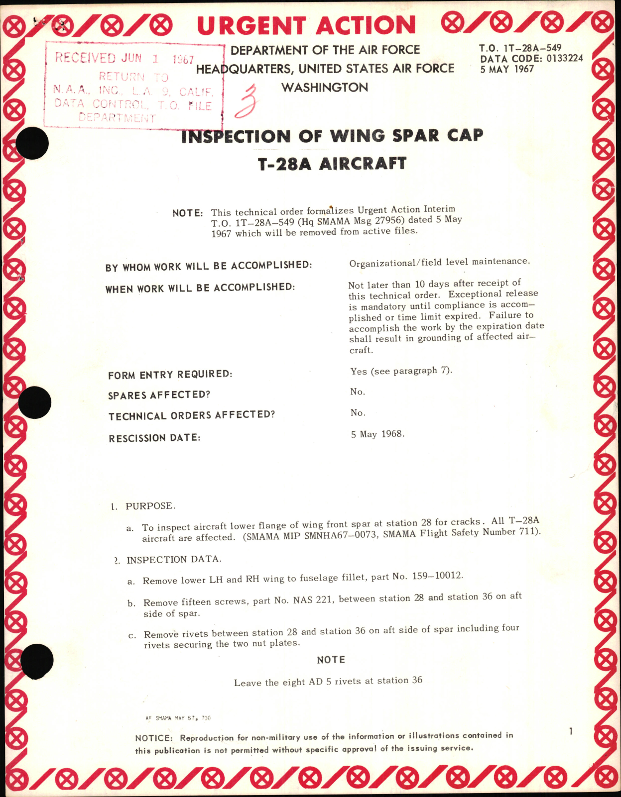 Sample page 1 from AirCorps Library document: Inspection of Wing Spar Cap For T-28A