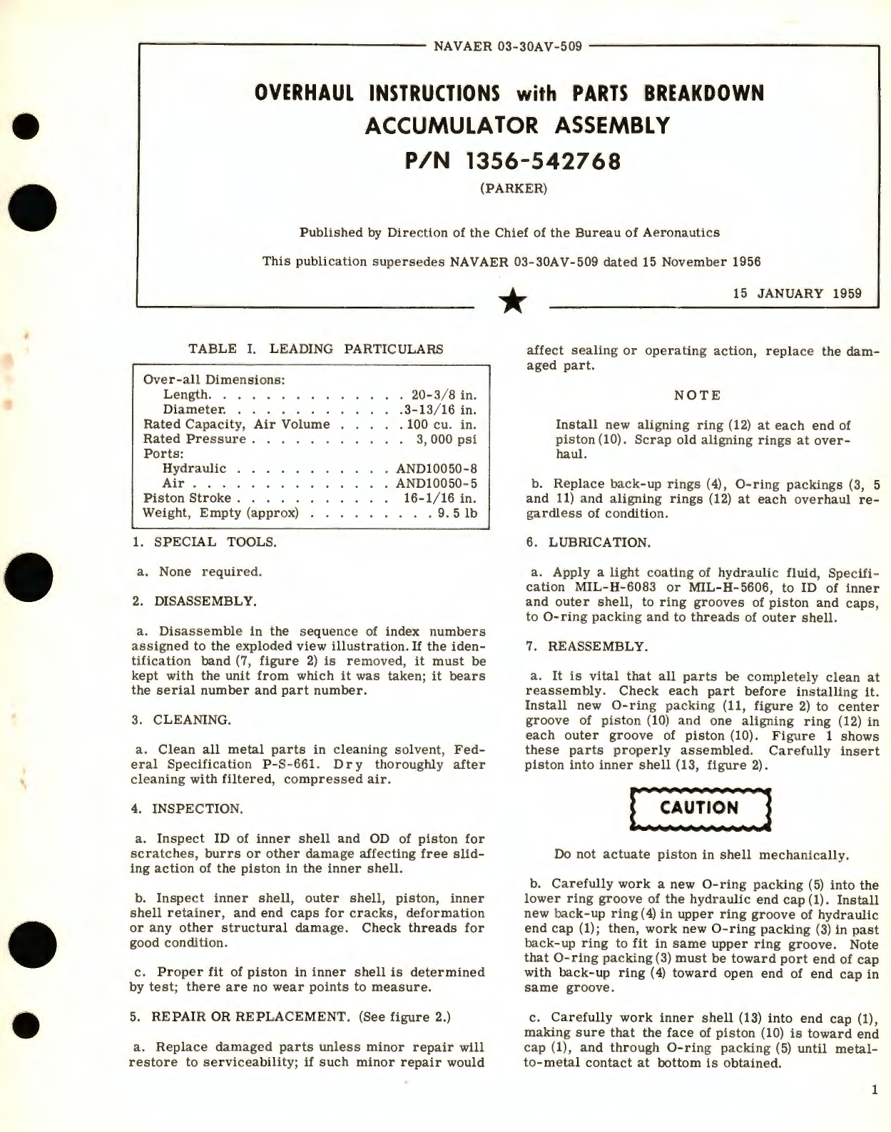 Sample page 1 from AirCorps Library document: Overhaul Instructions with Parts Breakdown for Accumulator Assembly Part No. 1356