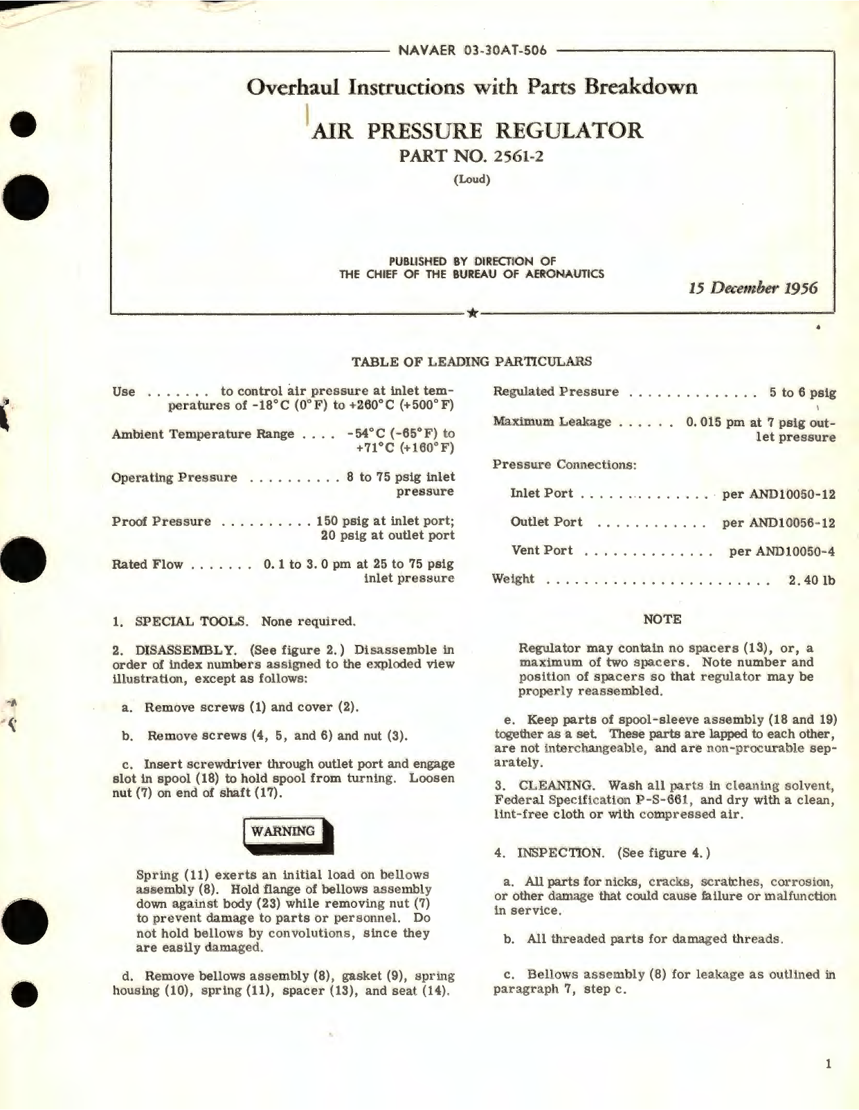 Sample page 1 from AirCorps Library document: Overhaul Instructions with Parts Breakdown for Air Pressure Regulator Part No. 2561-2