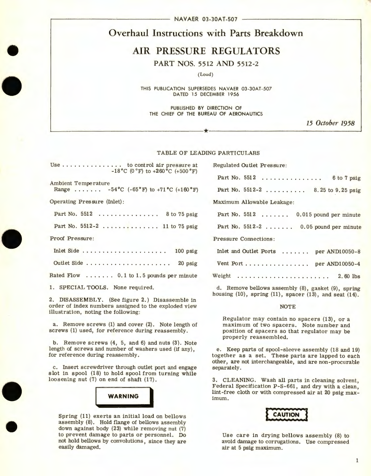 Sample page 1 from AirCorps Library document: Overhaul Instructions with Parts Breakdown for Air Pressure Regulators Part No. 5512