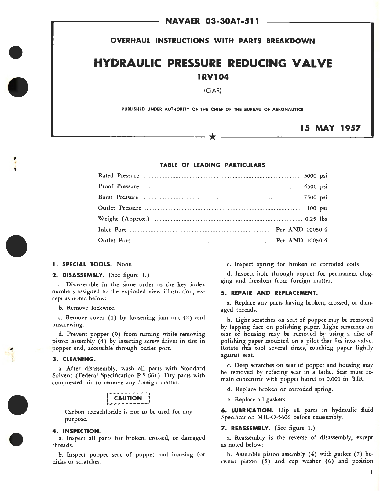 Sample page 1 from AirCorps Library document: Overhaul Instructions with Parts Breakdown for Hydraulic Pressure Reducing Valve 1RV104 