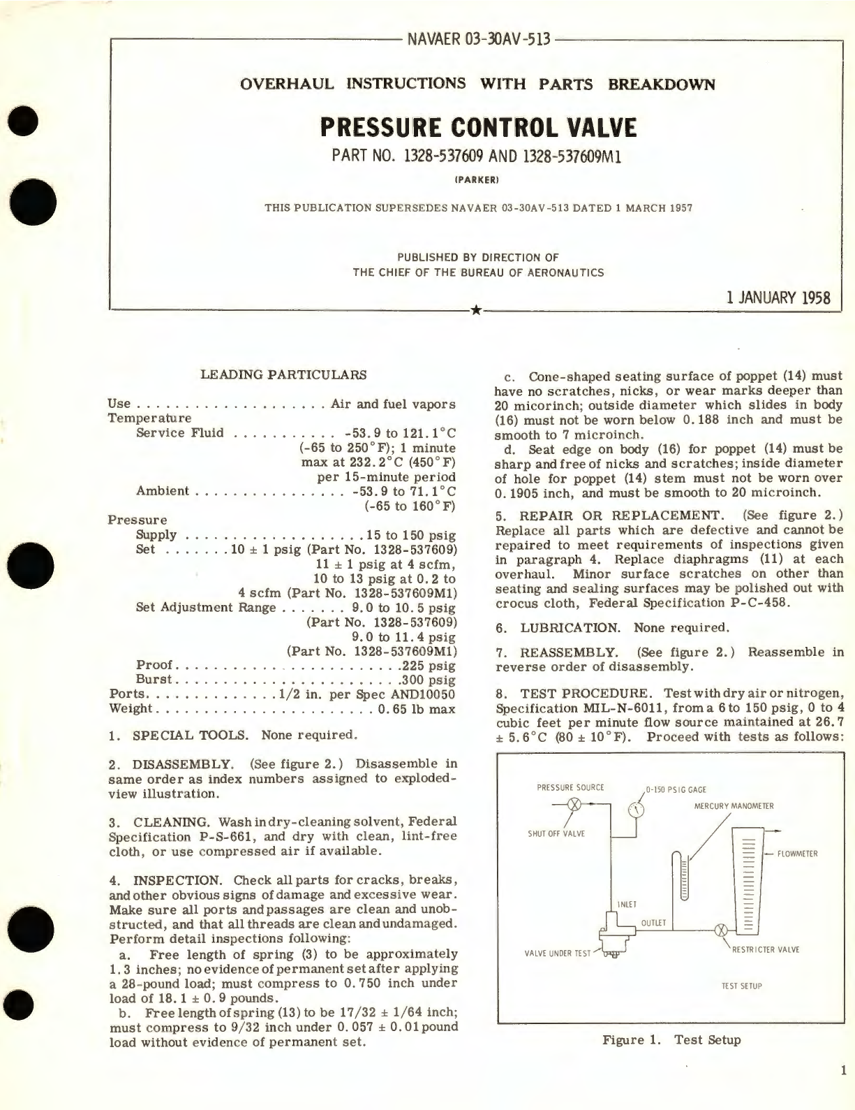 Sample page 1 from AirCorps Library document: Overhaul Instructions with Parts Breakdown for Pressure Control Valve Part No. 1328 