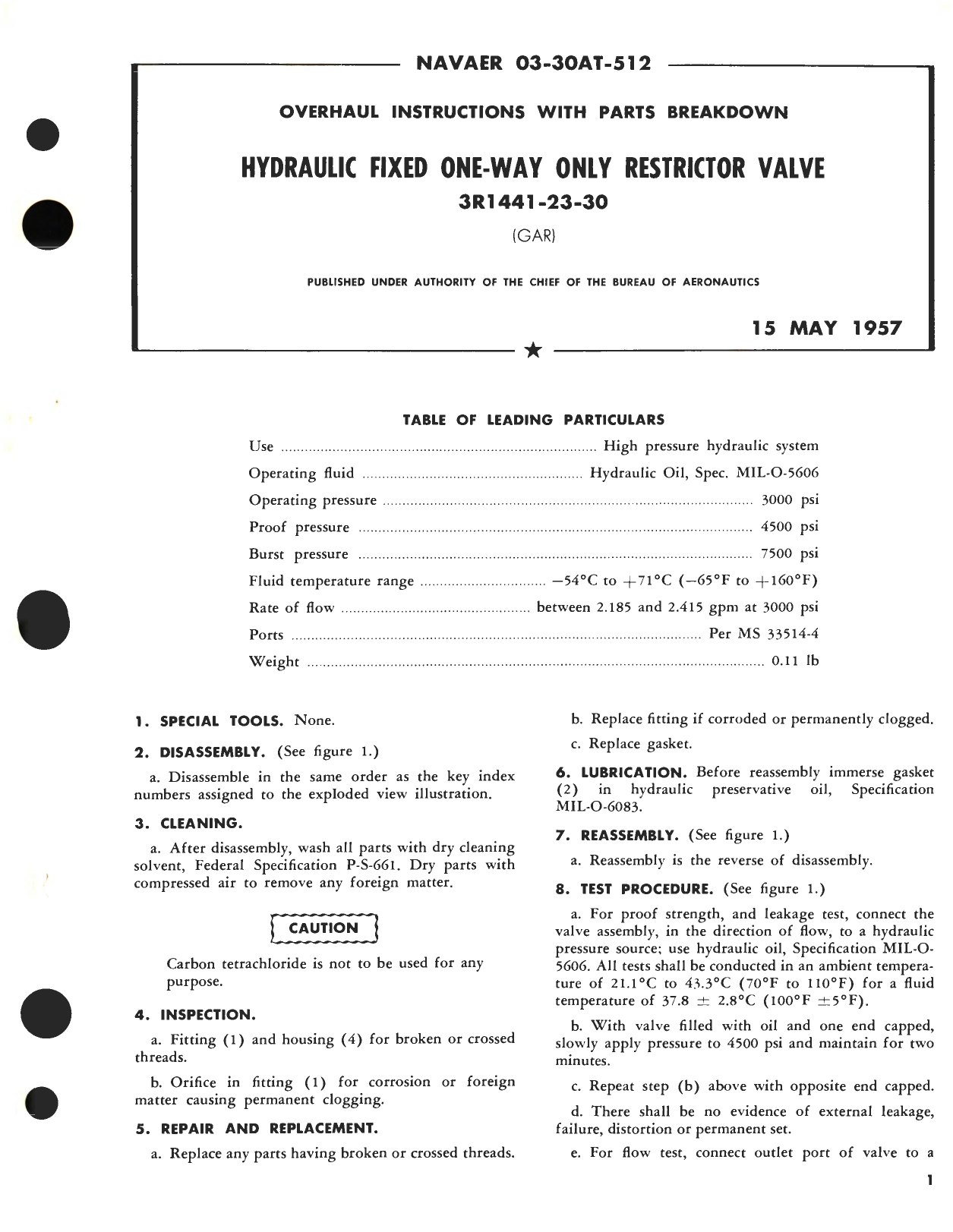 Sample page 1 from AirCorps Library document: Overhaul Instructions with Parts Breakdown for Hydraulic Fixed One Way Only Restrictor Valve Part No. 3R1441-23-30