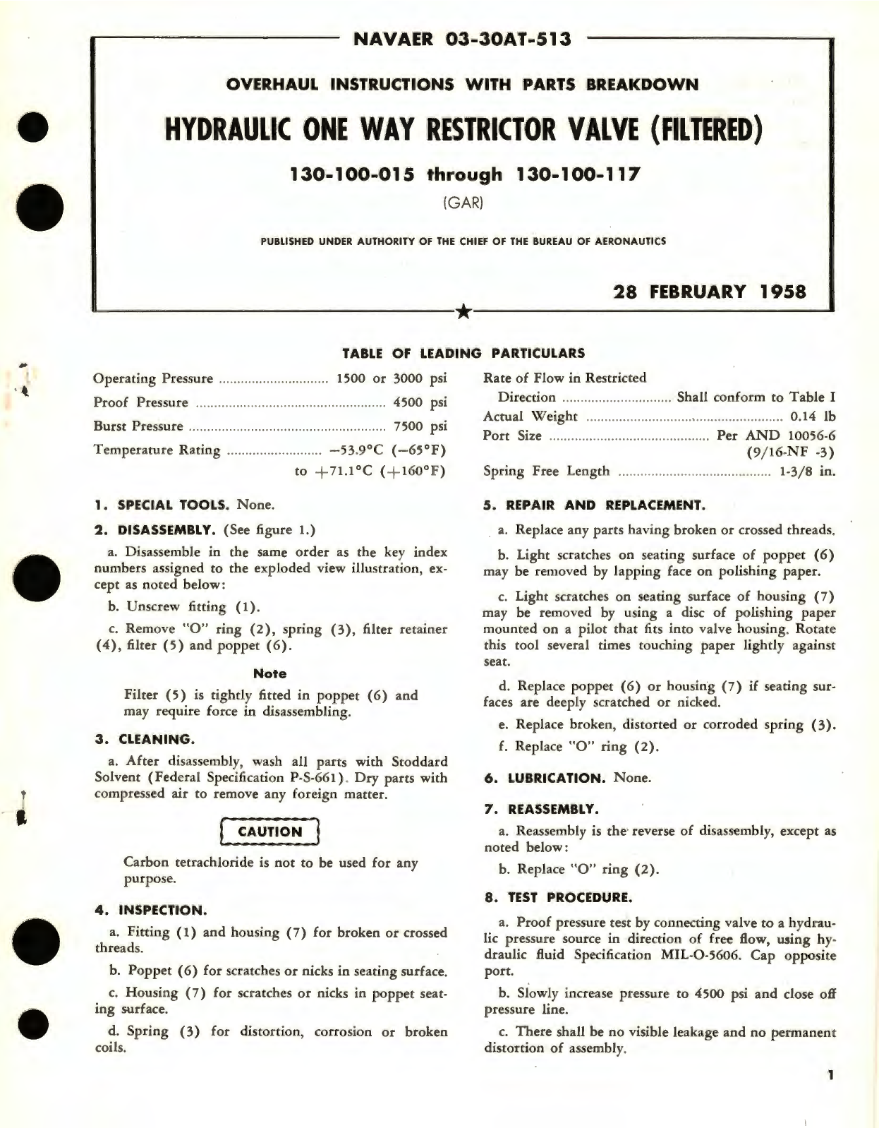 Sample page 1 from AirCorps Library document: Overhaul Instructions with Parts Breakdown for Hydraulic One Way Restrictor Valve Part No. 130-100