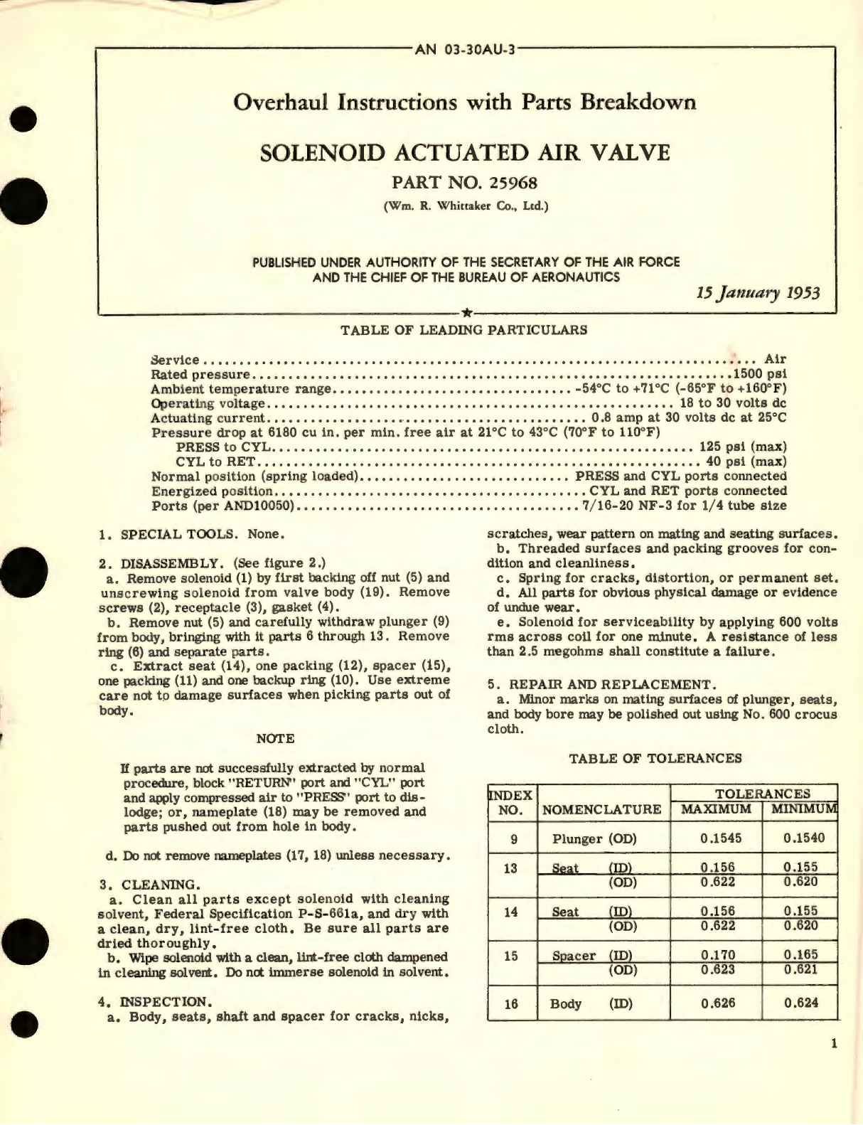 Sample page 1 from AirCorps Library document: Overhaul Instructions with Parts Breakdown for Solenoid Actuated Air Valve Part No. 25968 