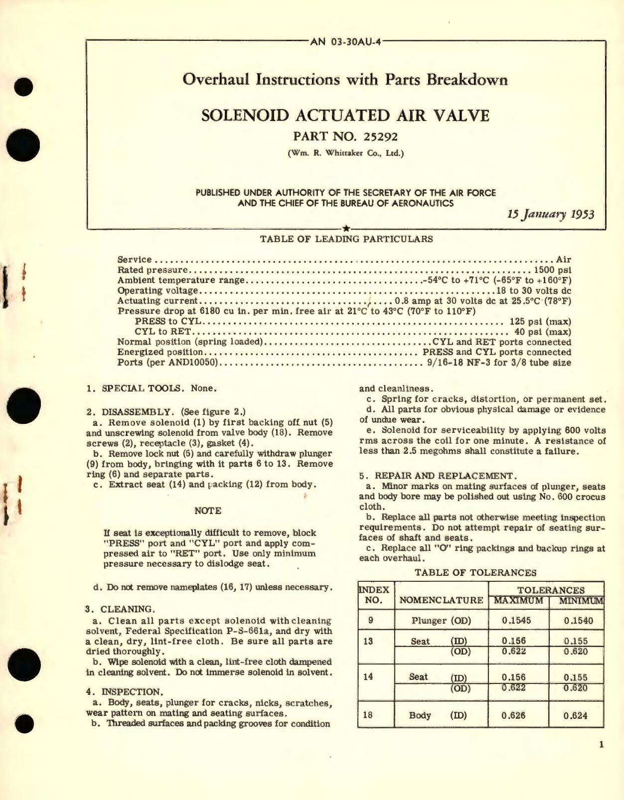 Sample page 1 from AirCorps Library document: Overhaul Instructions with Parts Breakdown for Solenoid Actuated Air Valve Part No. 25292 