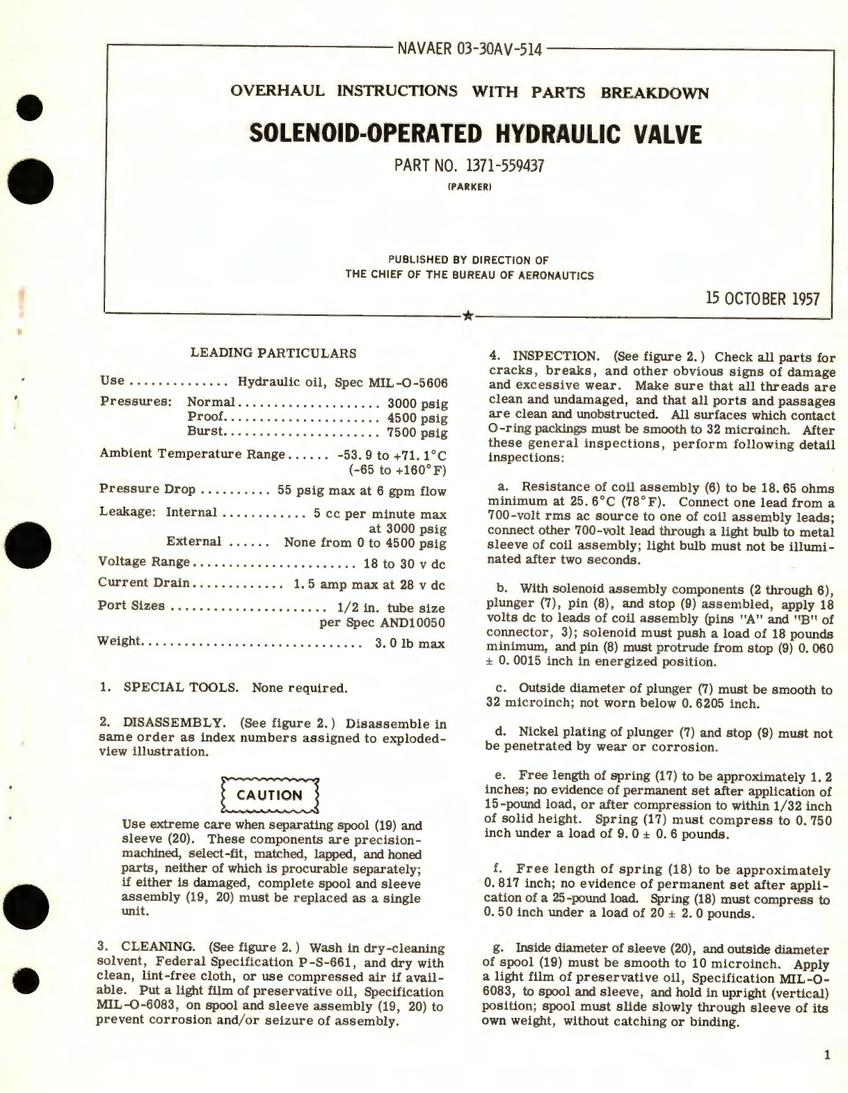 Sample page 1 from AirCorps Library document: Overhaul Instructions with Parts Breakdown for Solenoid-Operated Hydraulic Valve Part No. 1371-559437 