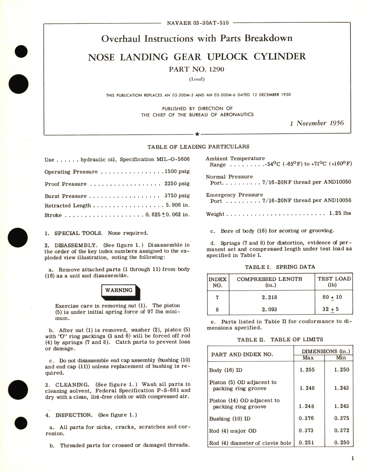 Sample page 1 from AirCorps Library document: Overhaul Instructions with Parts Breakdown for Nose Landing Gear Uplock Cylinder Part No. 1290 