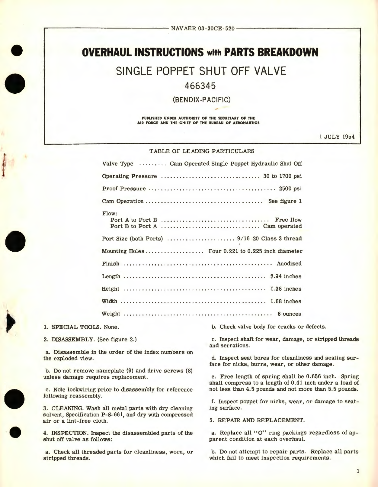 Sample page 1 from AirCorps Library document: Overhaul Instructions with Parts Breakdown for Single Poppet Shut Off Valve Part No. 466345 