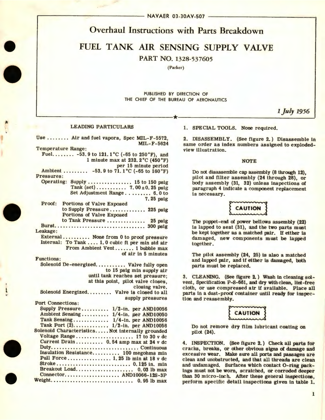 Sample page 1 from AirCorps Library document: Overhaul Instructions with Parts Breakdown for Fuel Tank Air Sensing Supply Valve Part No. 1328-537605