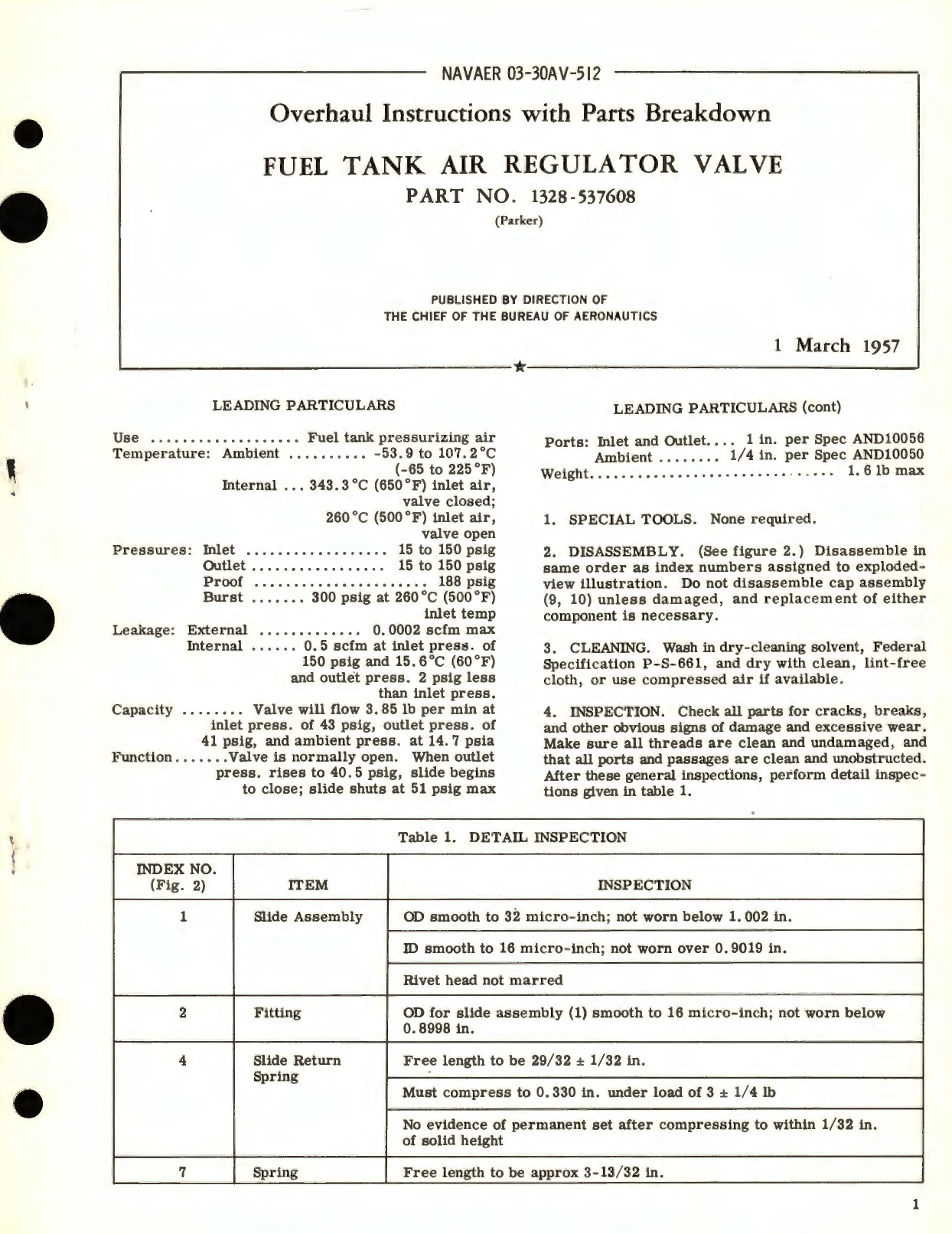 Sample page 1 from AirCorps Library document: Overhaul Instructions with Parts Breakdown for Fuel Tank Air Regulator Valve Part No. 1328-537608 